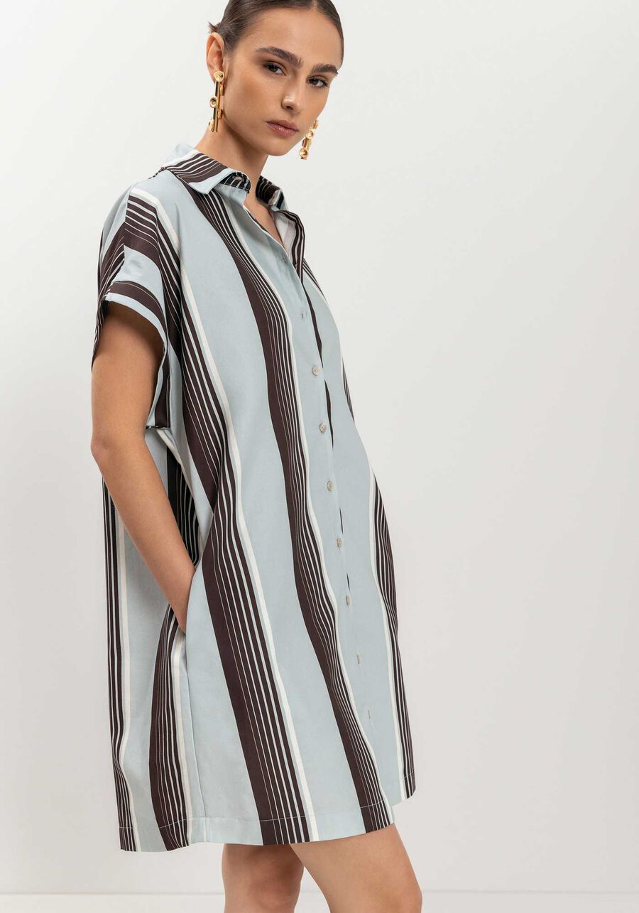 Vestido De Mangas Curtas Com Gola E Botões, STRIPES CINZA. Vestido De Mangas Curtas Com Gola E Botões, STRIPES CINZA, large.