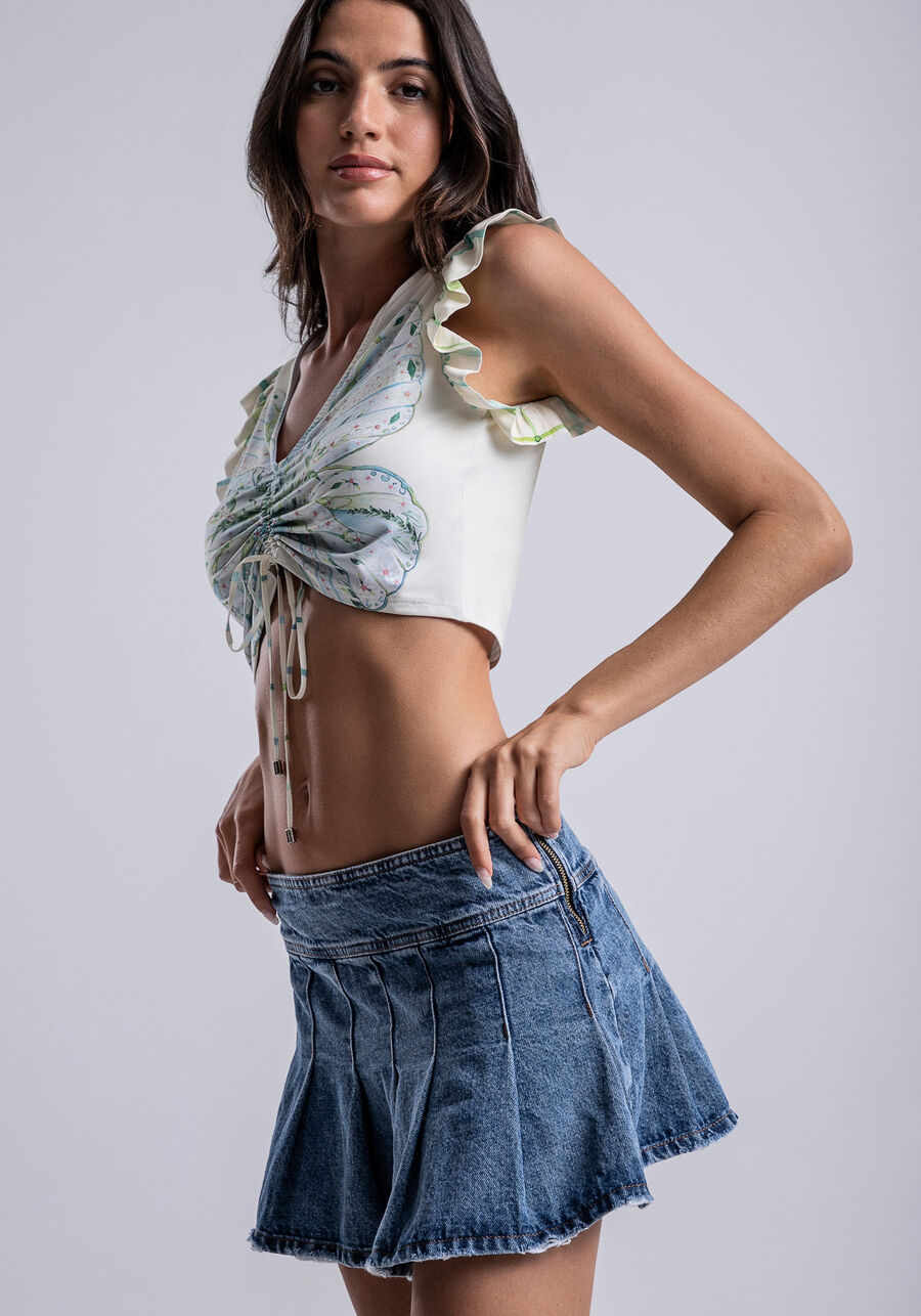 Mini Saia Jeans Cintura Baixa com Pregas, . Mini Saia Jeans Cintura Baixa com Pregas, , large.