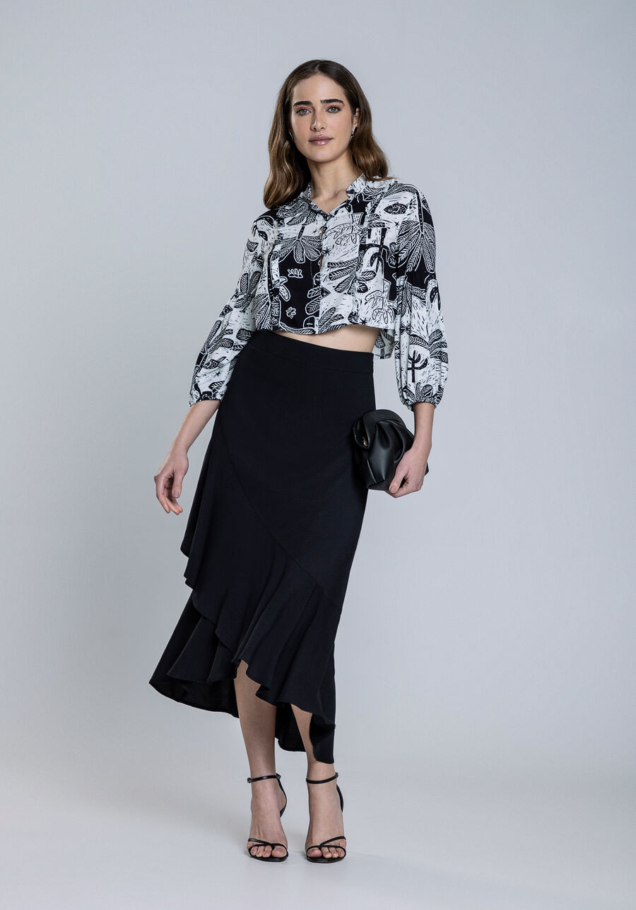 Saia Midi Viscose Babado Barra, PRETO REATIVO. Saia Midi Viscose Babado Barra, PRETO REATIVO, large.