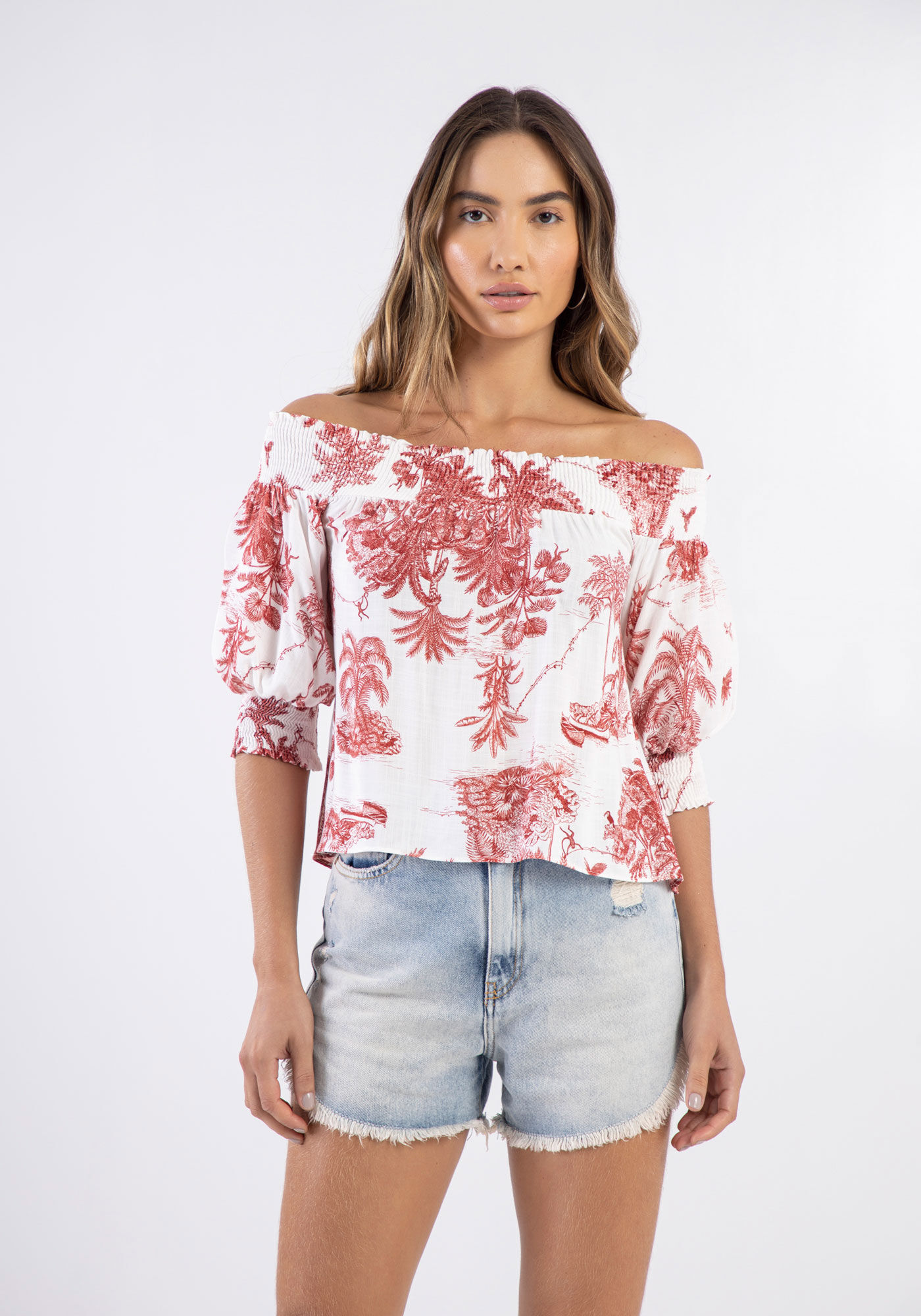 Blusa Ombro a Ombro em Viscose Estampada, , large.