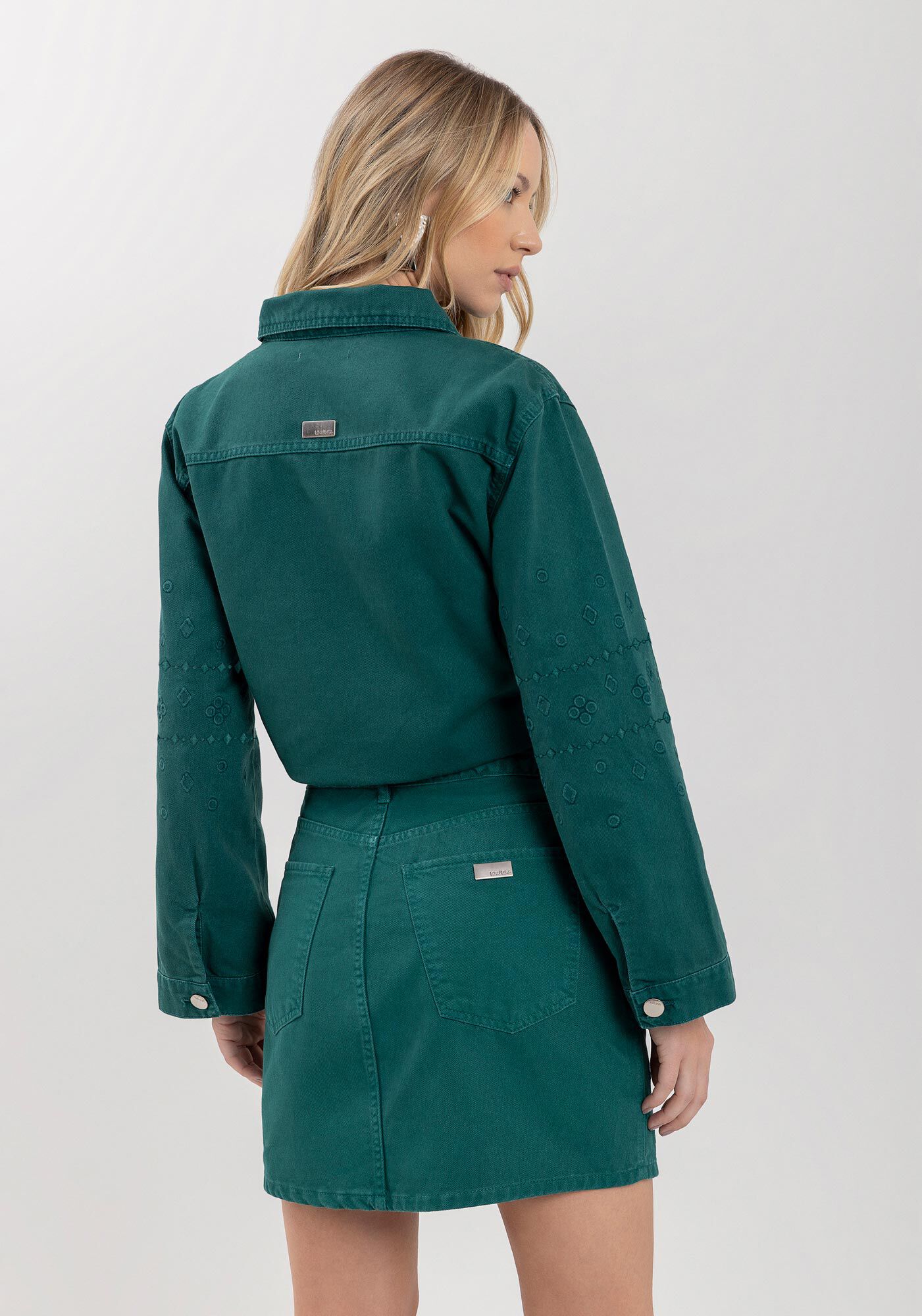 Saia Curta Em Sarja Com Cintura Alta E Bordado, VERDE CERES, large.