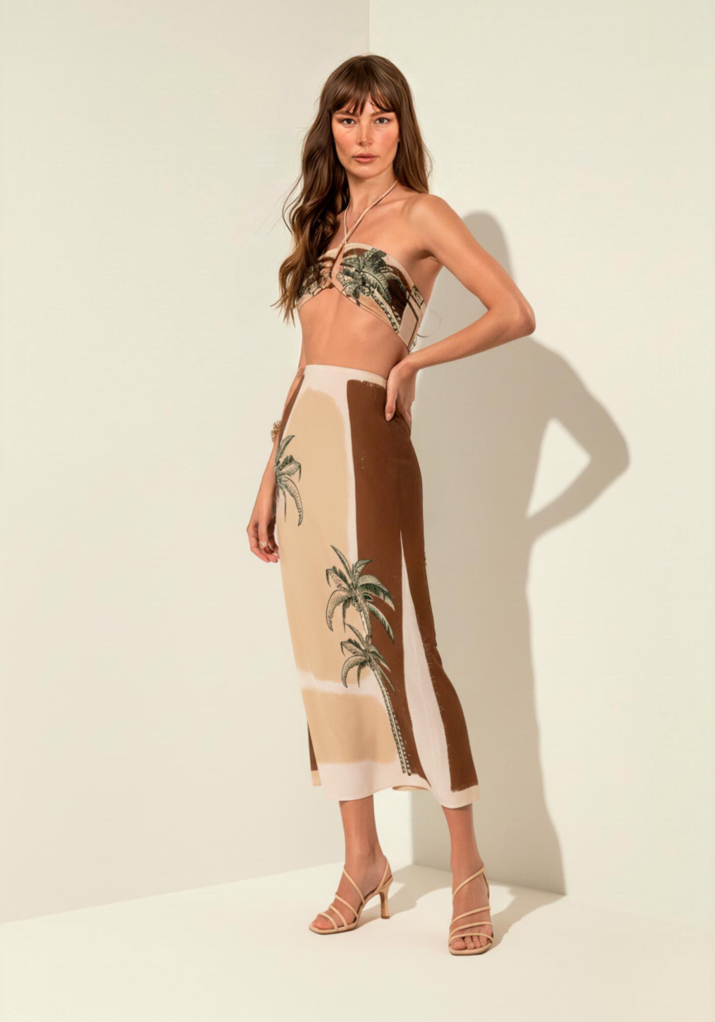 Saia Ch&aacute; Estampada De Cintura Alta Com Z&iacute;per E Fenda, BEGE BISCUIT, large.