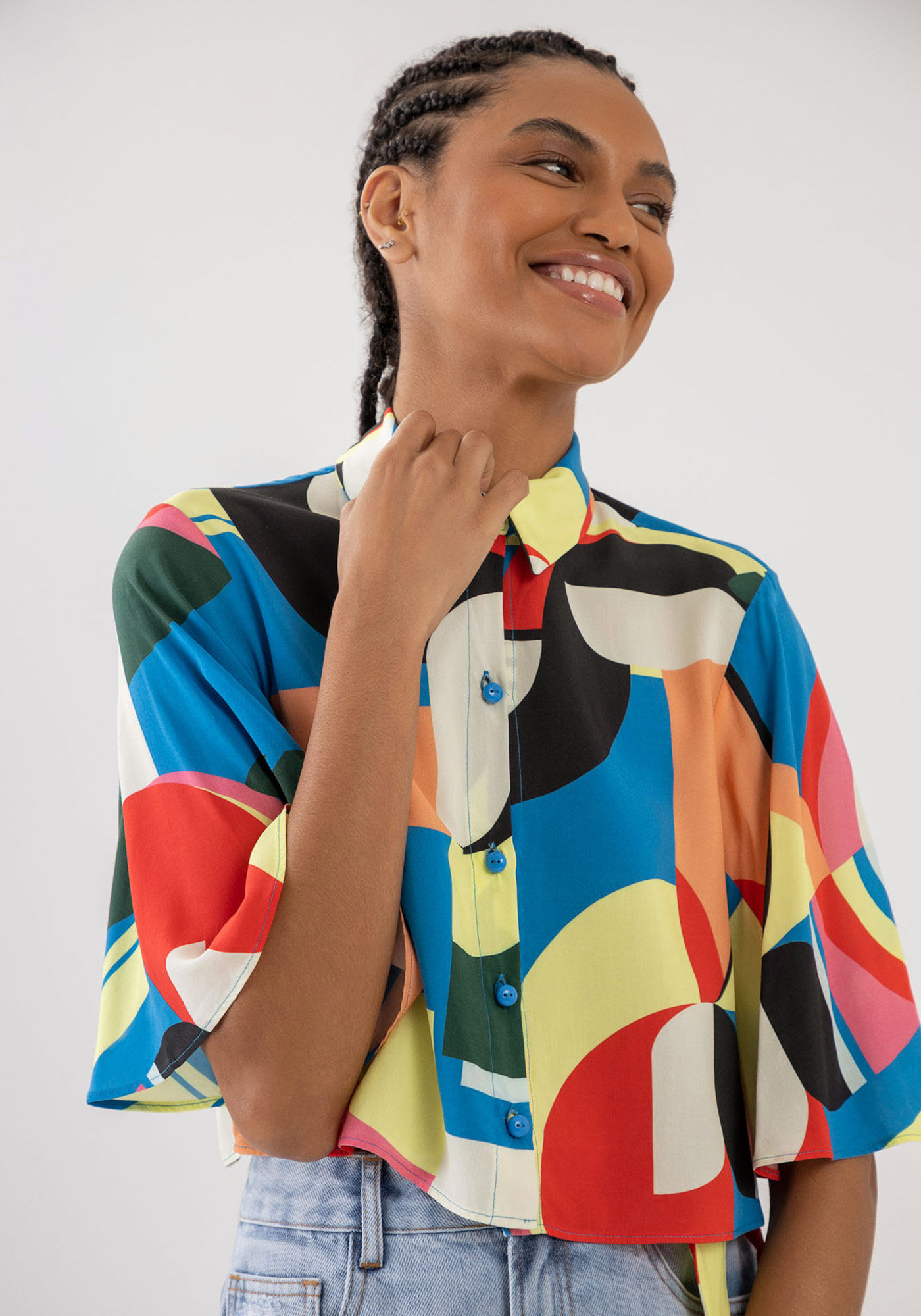 Camisa Cropped Estampada com Manga Flare Lez a Lez
