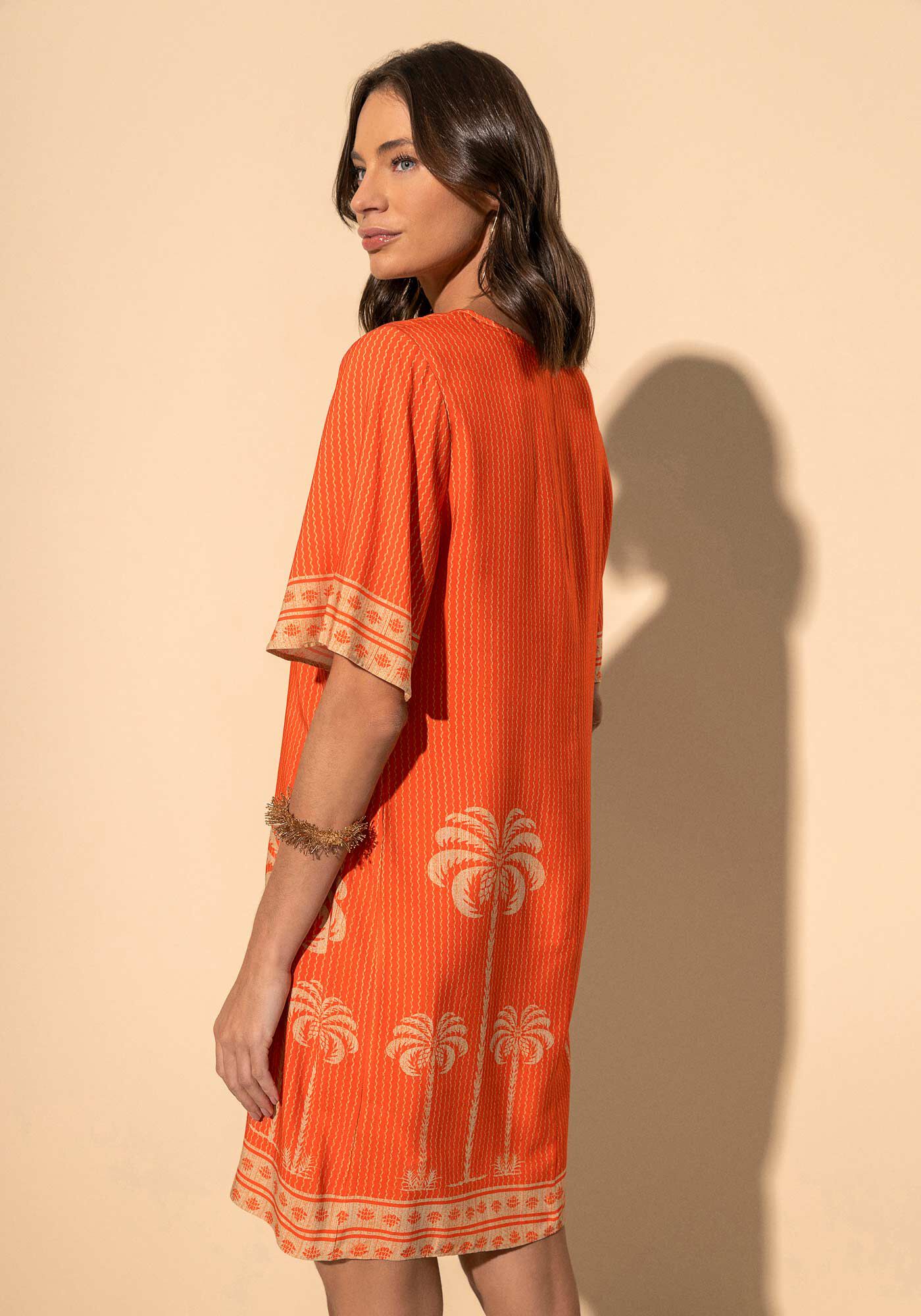 Vestido Estampado Com Mangas Curtas E Decote Redondo, MAXI PALM LARANJA, large.
