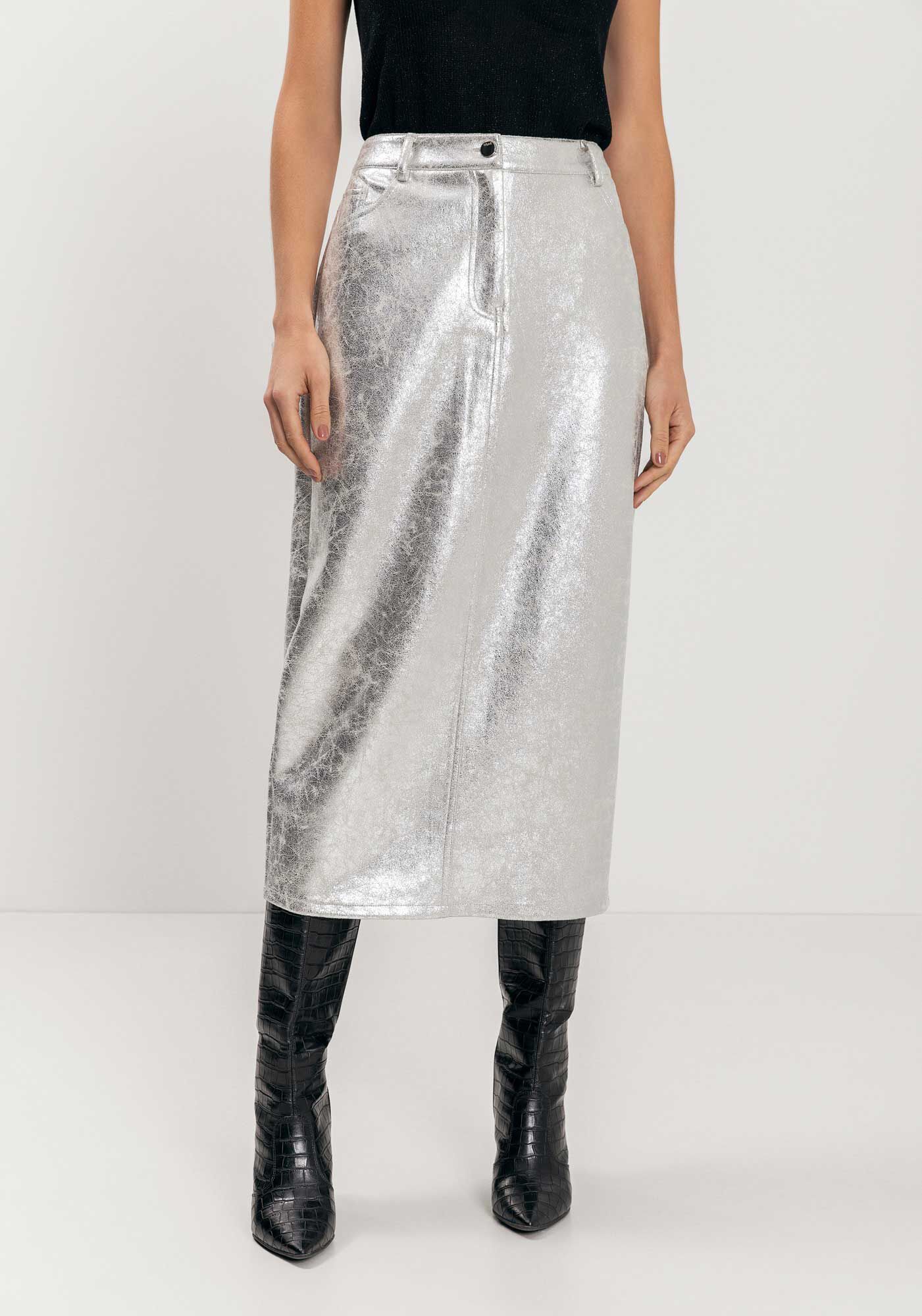 Saia Ch&aacute; Com Cintura M&eacute;dia Em Suede Metalizado, , large.