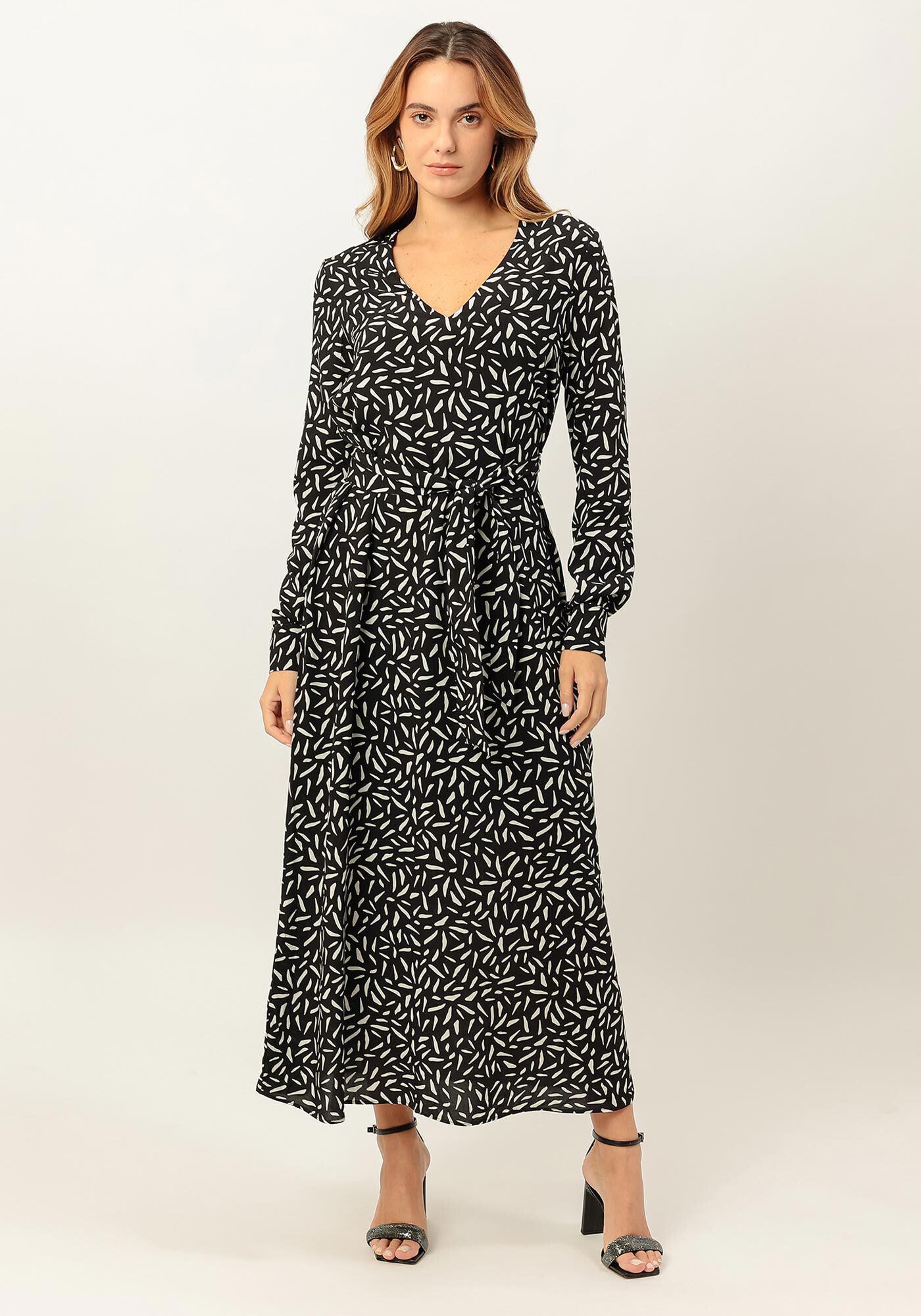 Vestido Midi Manga Longa Estampado com Cinto, , large.