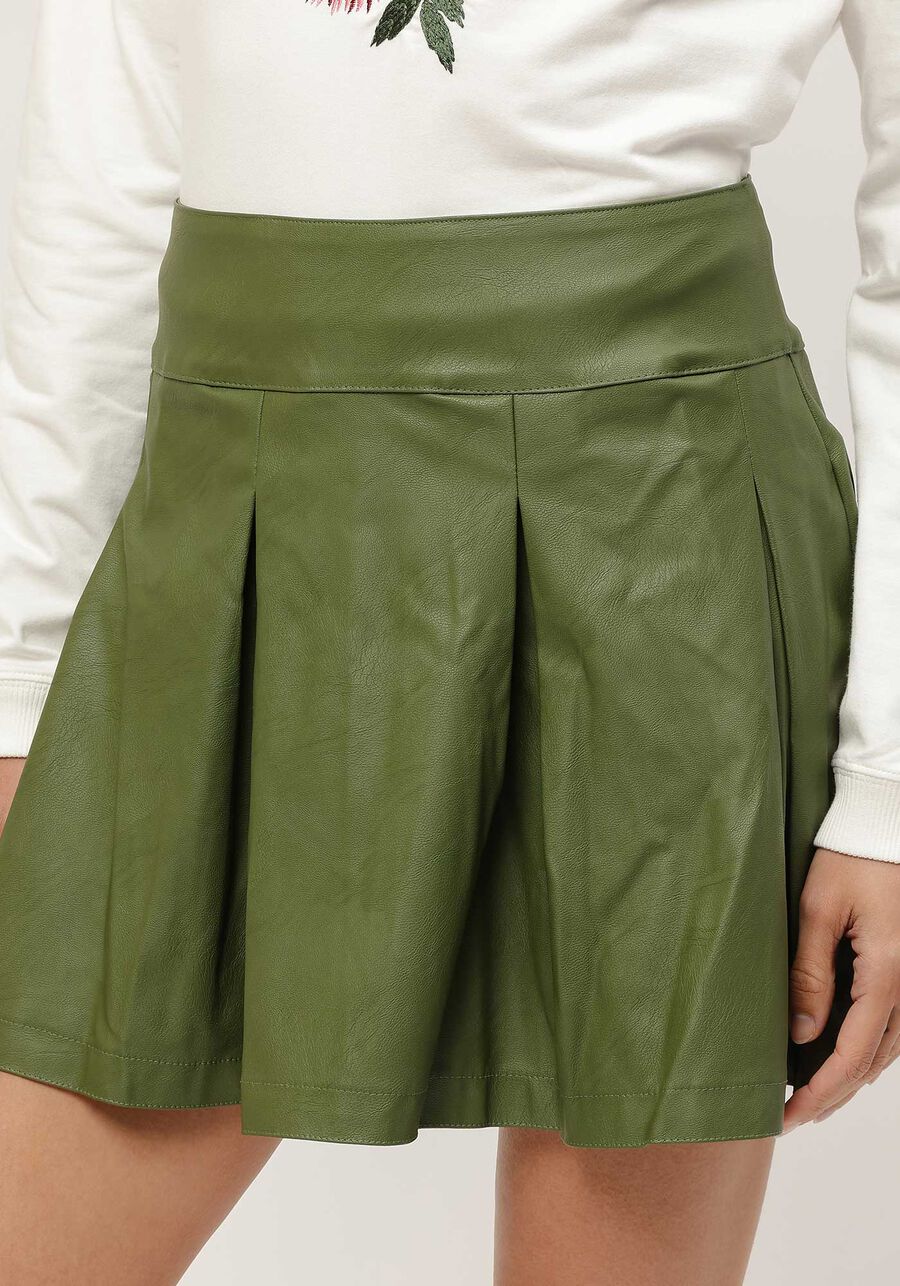 Saia Curta em Pu com Pregas, VERDE TURFA. Saia Curta em Pu com Pregas, VERDE TURFA, large.
