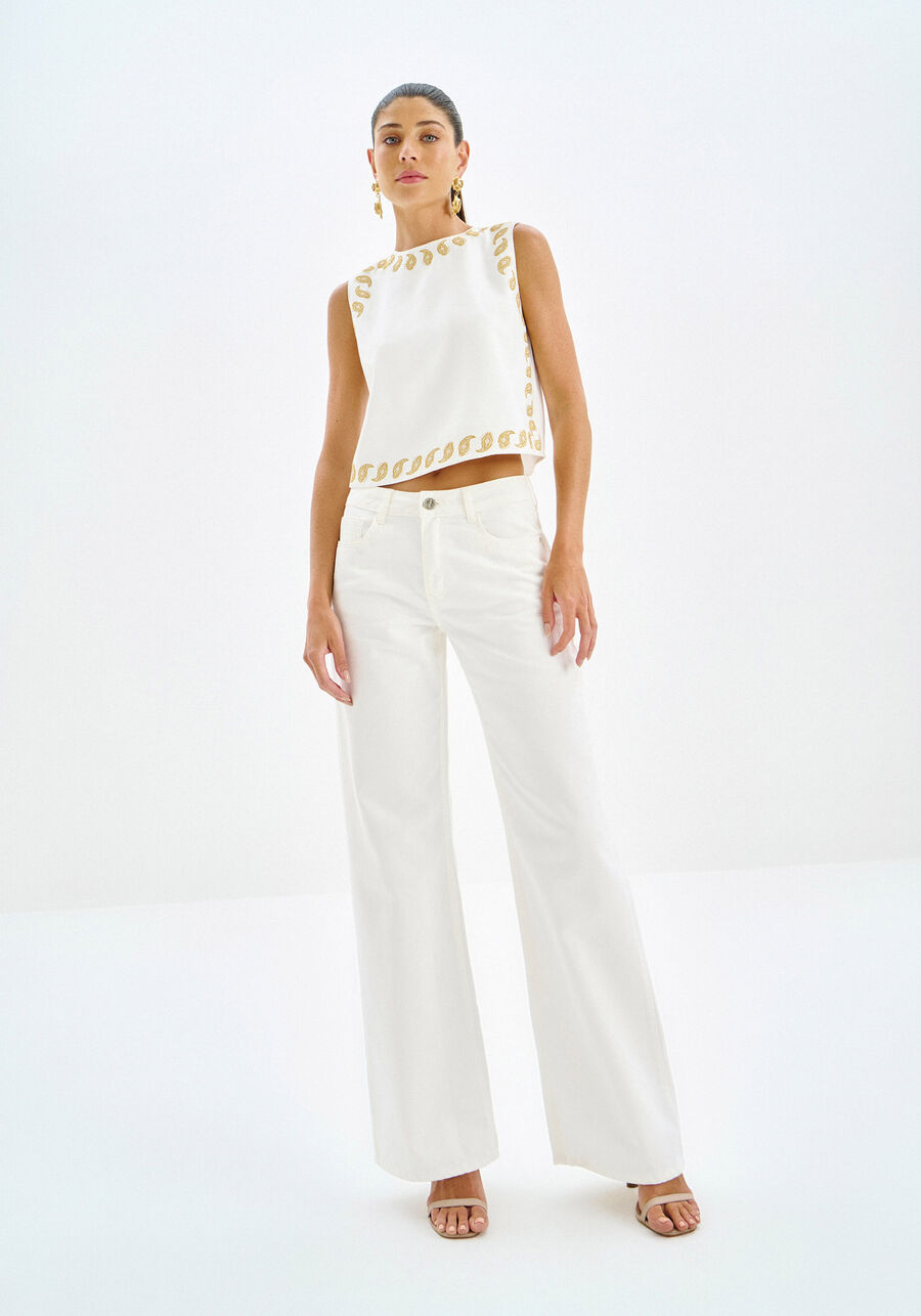 Calça Sarja Wide Leg Cintura Alta, OFF WHITE. Calça Sarja Wide Leg Cintura Alta, OFF WHITE, large.