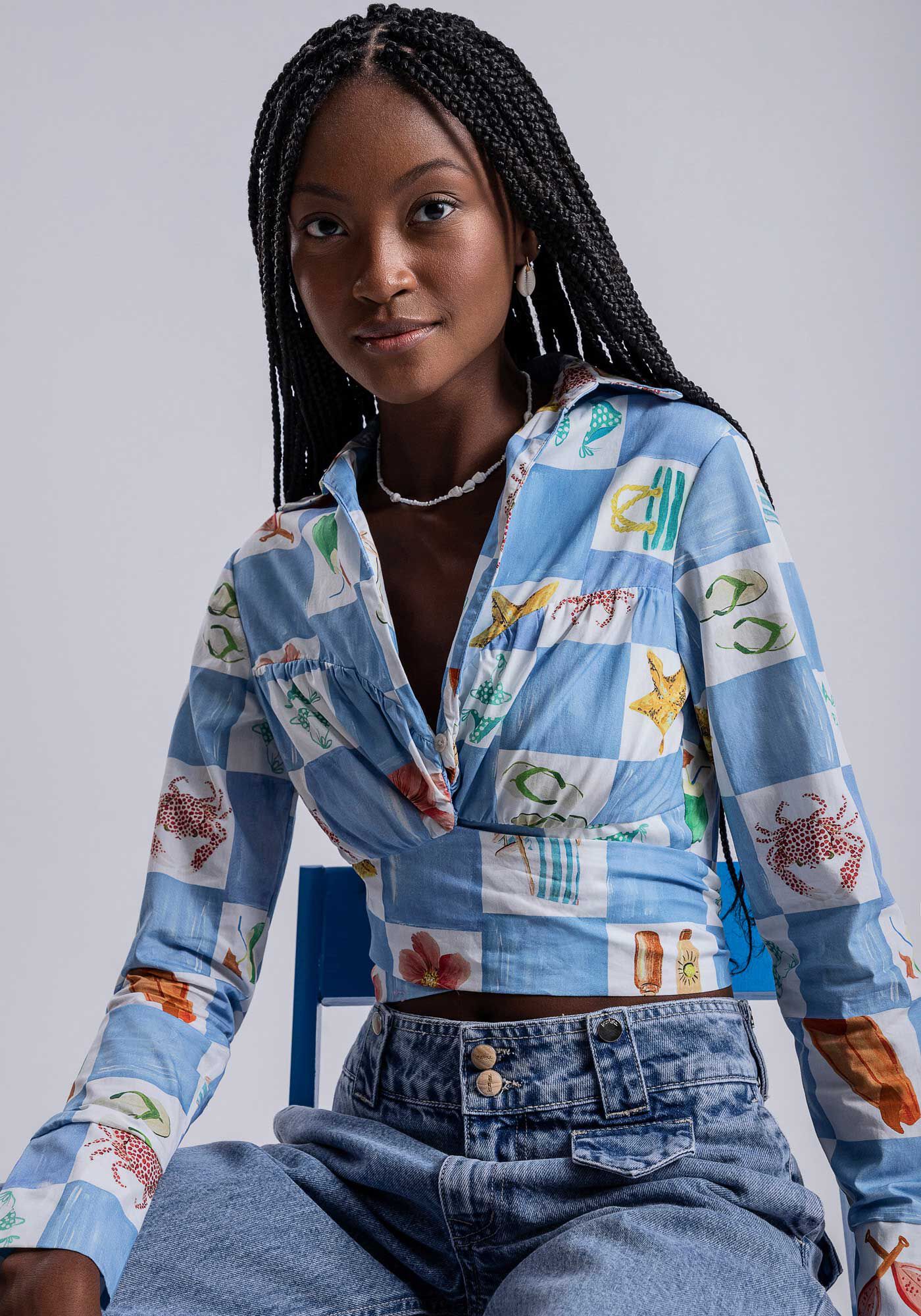 Blusa Manga Longa em Tecido Atlanta com Franzido Busto, , large.