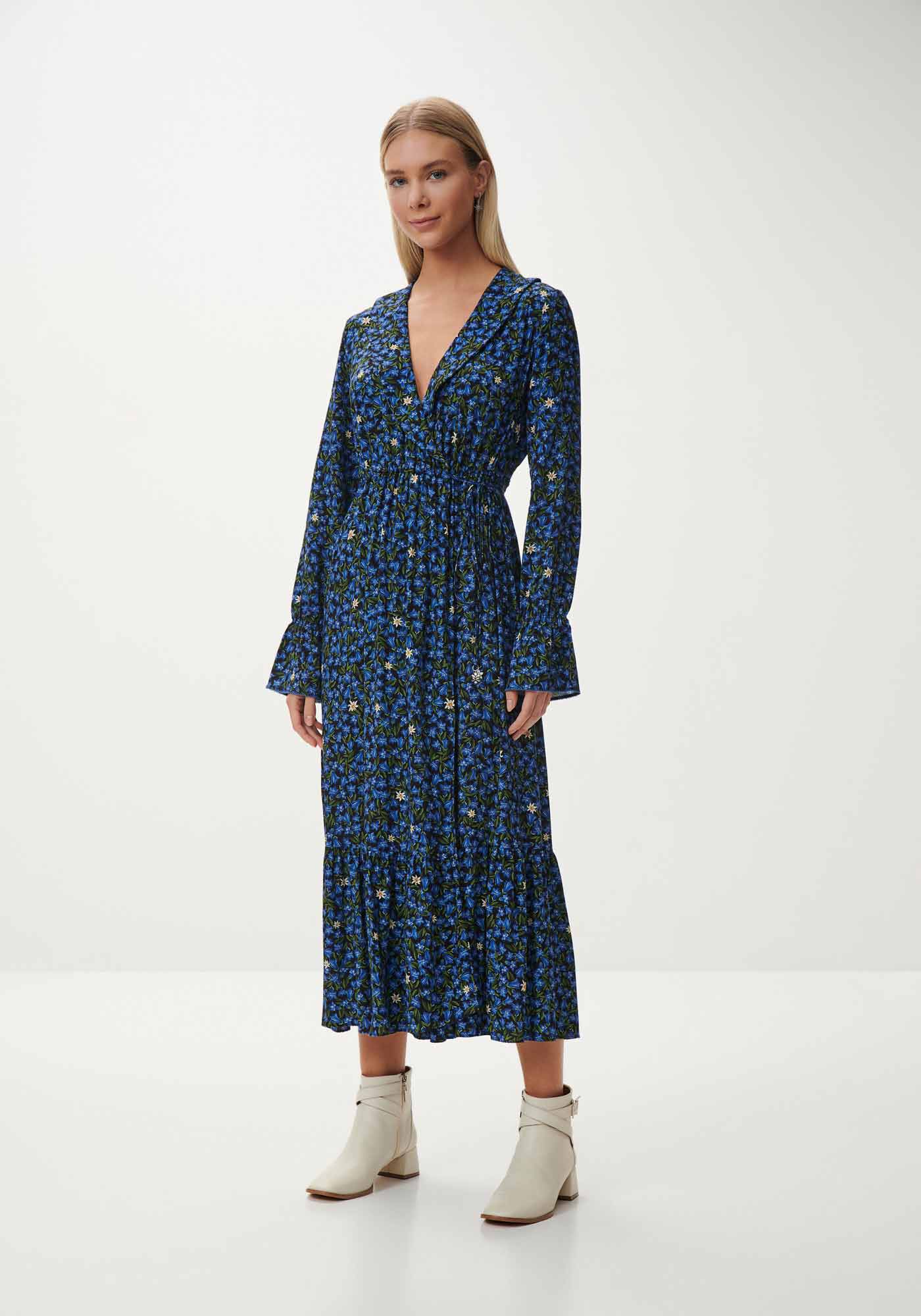 Vestido Midi Manga Longa Estampado Transpassado, , large.