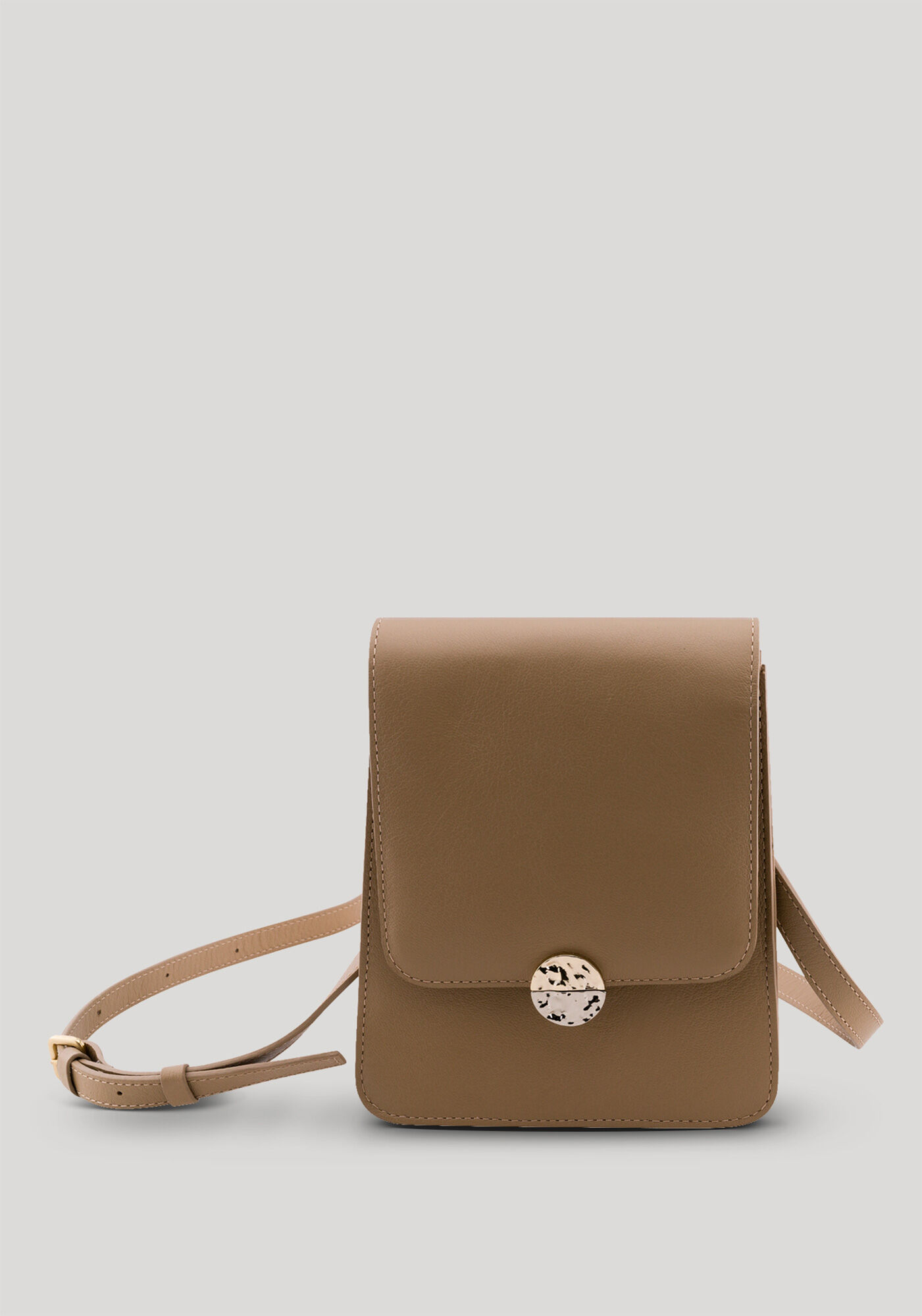 Bolsa M&eacute;dia Tiracolo em Couro com Detalhe Metal, BEGE BIRCH, large.