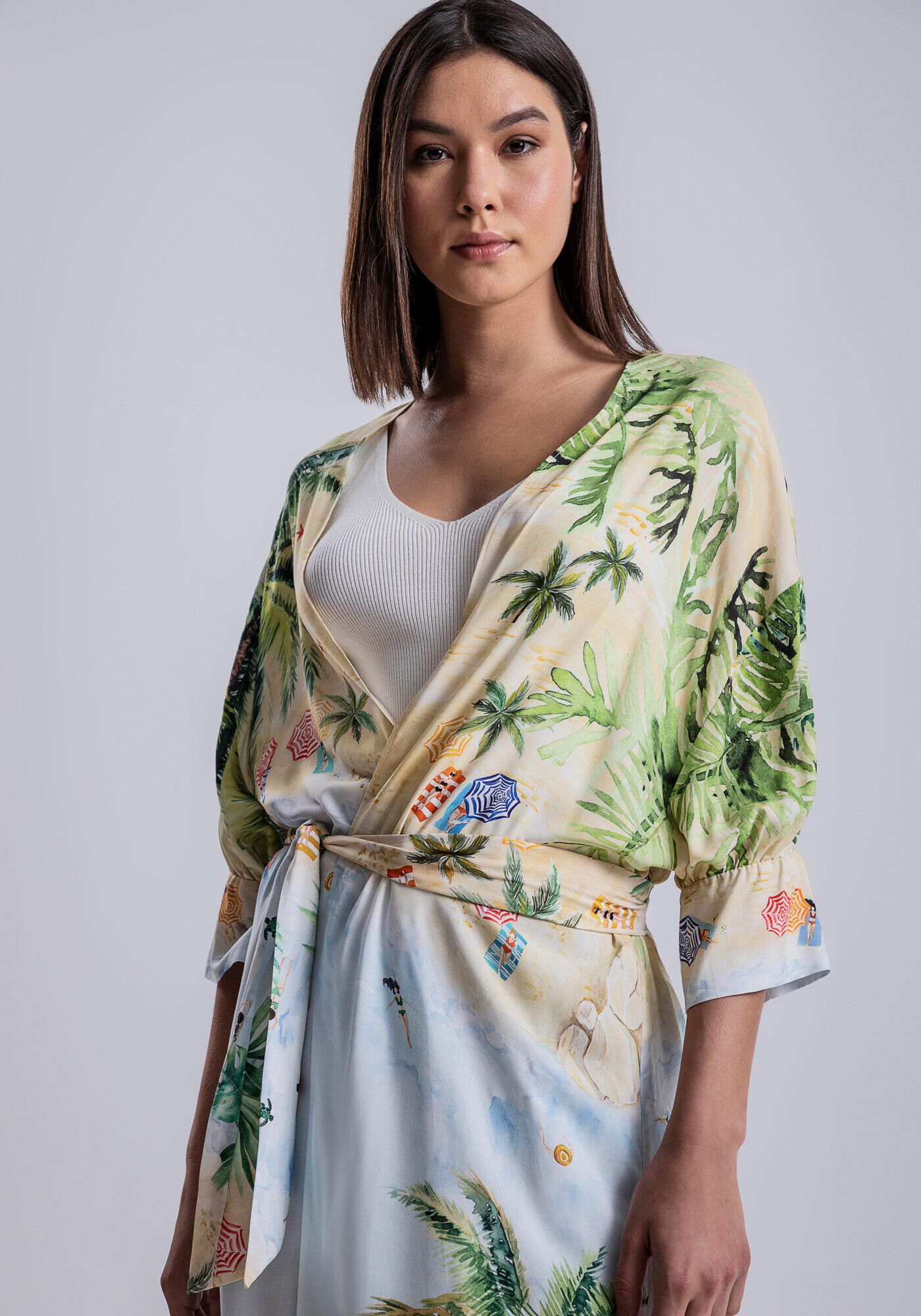 Kimono Alongado Manga 3/4 em Viscose com Cinto, ITACARE, large.