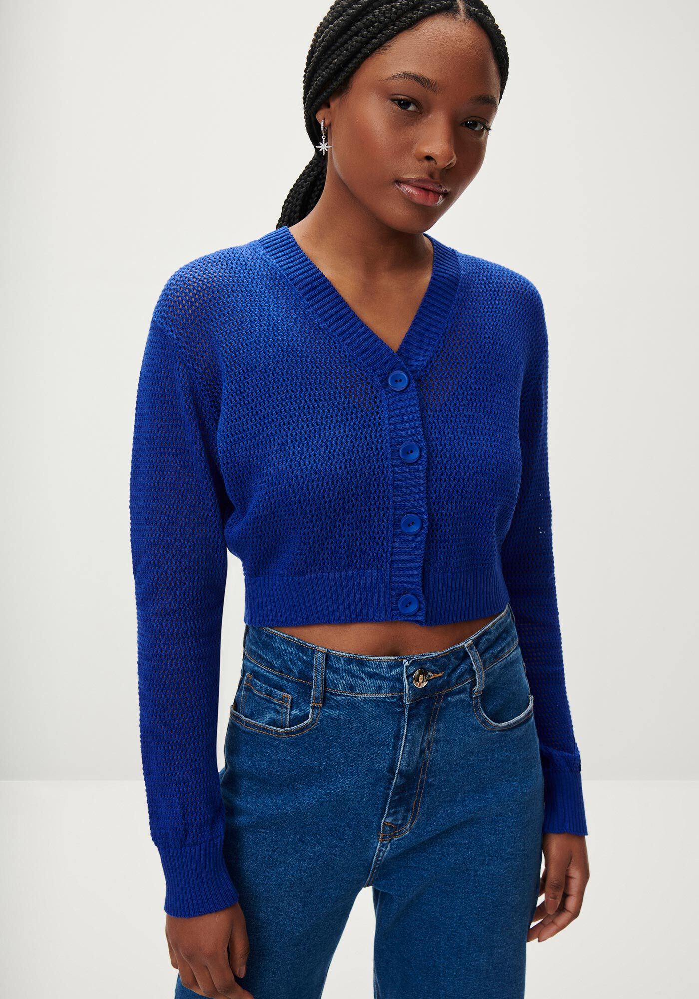 Cardigan Cropped em Tric&ocirc; com Bot&otilde;es, AZUL BLUE BELL, large.