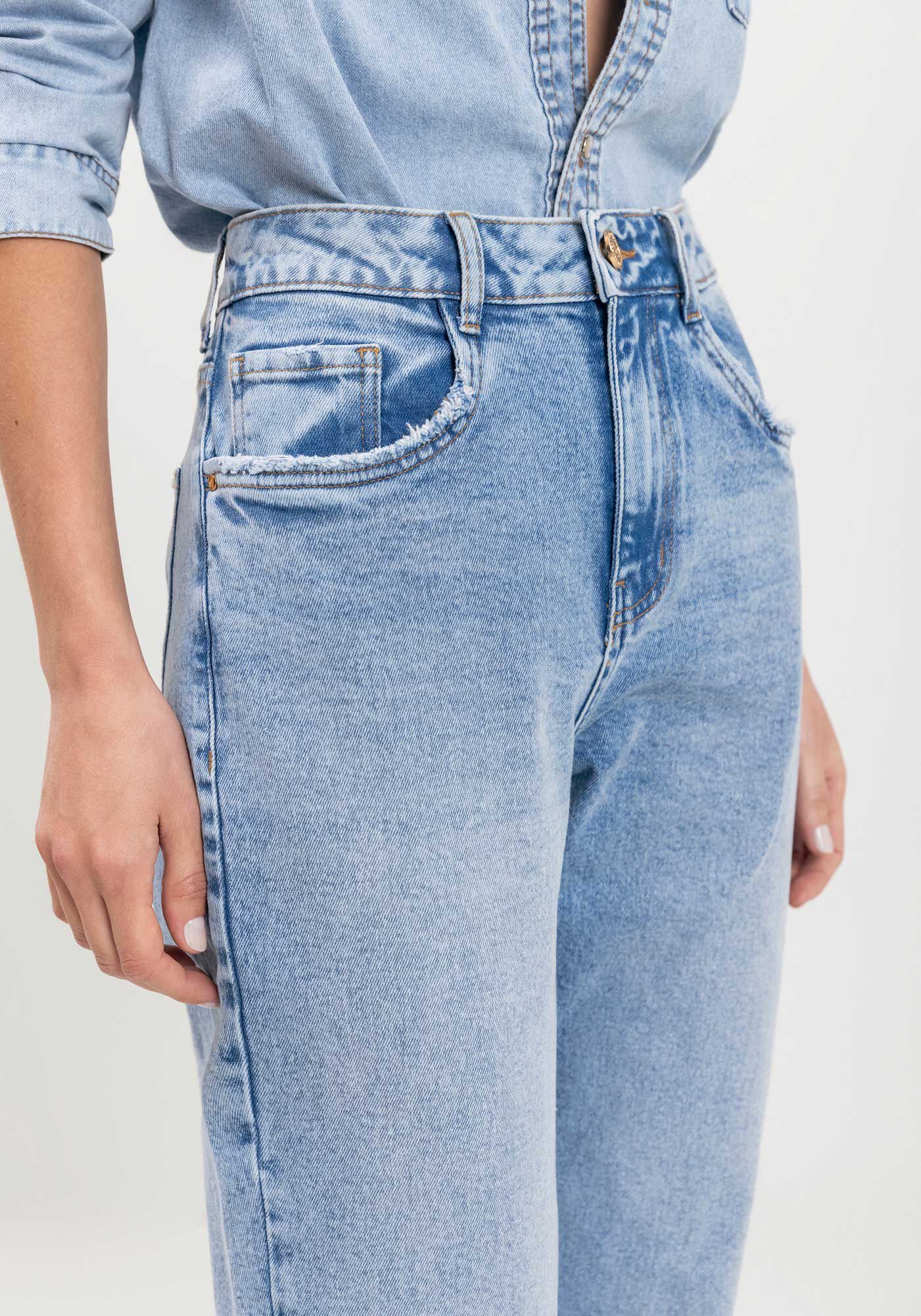 Cal&ccedil;a Reta Jeans Com Elastano E Cintura Alta, JEANS CLARO, large.