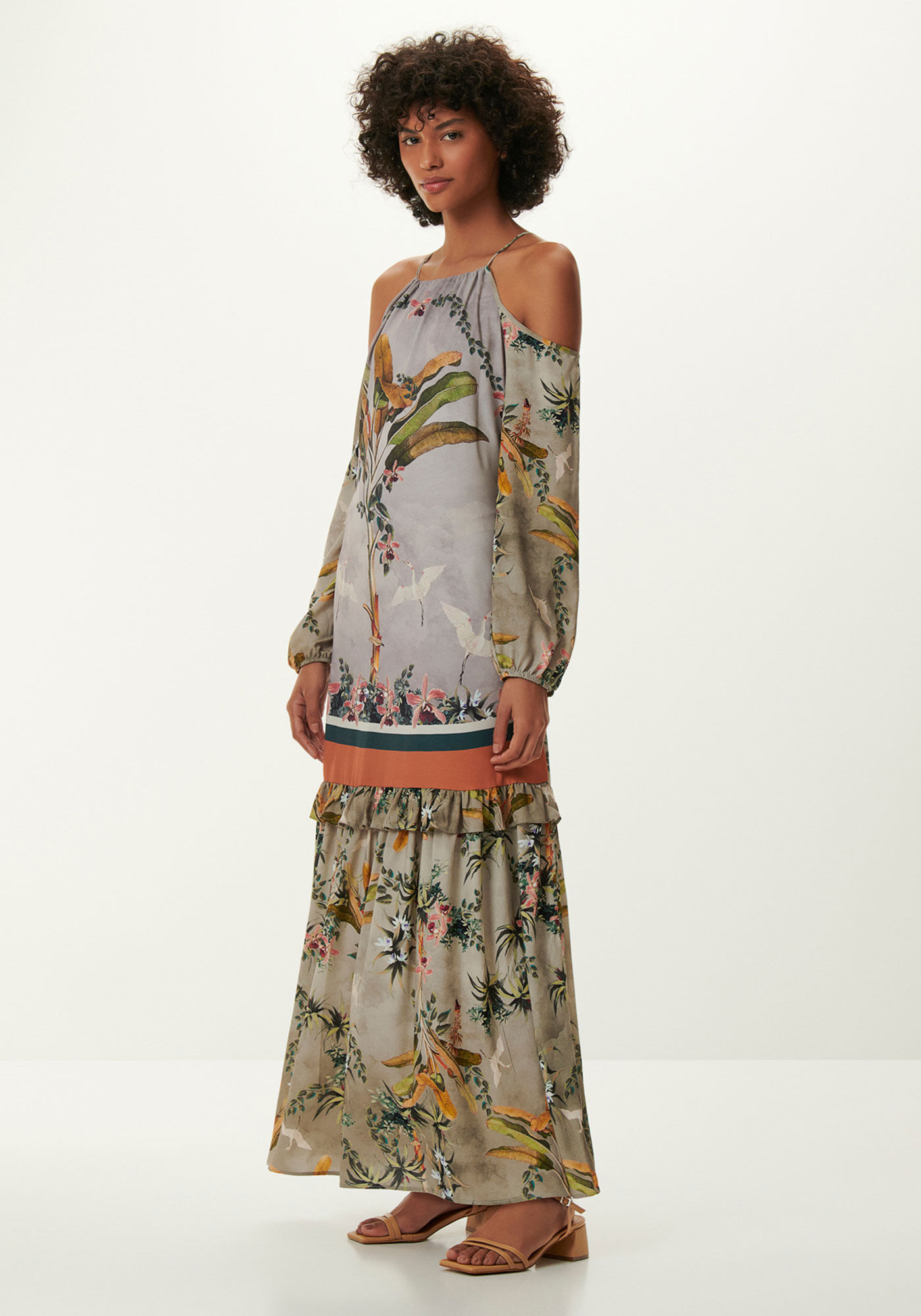 Vestido Longo Manga Longa com Recorte Ombros, , large.