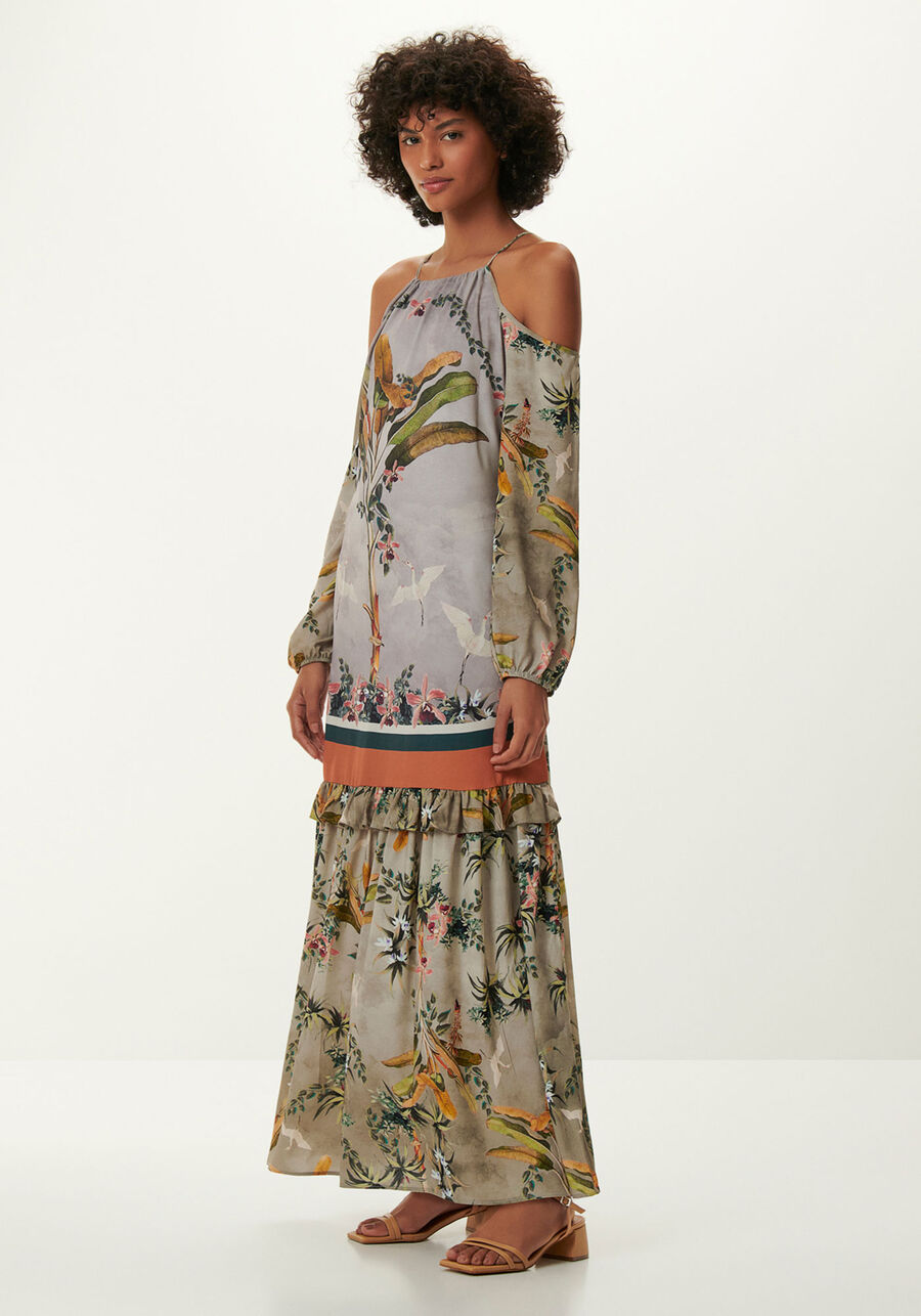 Vestido Longo Manga Longa com Recorte Ombros, RETRATO. Vestido Longo Manga Longa com Recorte Ombros, RETRATO, large.