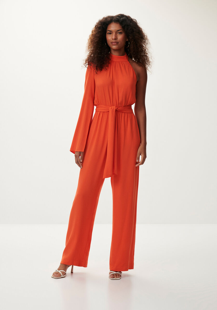Macacão Longo Ombro Só em Viscose com Cinto, LARANJA BELLINI. Macacão Longo Ombro Só em Viscose com Cinto, LARANJA BELLINI, large.