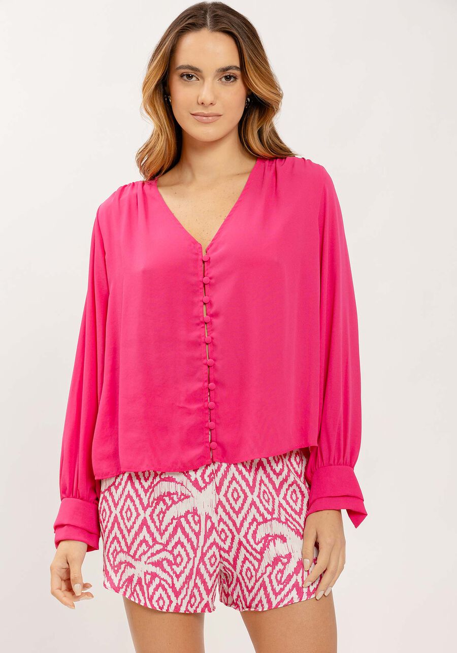 Camisa Manga Longa em Crepe com Decote V, ROSA SYRUP. Camisa Manga Longa em Crepe com Decote V, ROSA SYRUP, large.