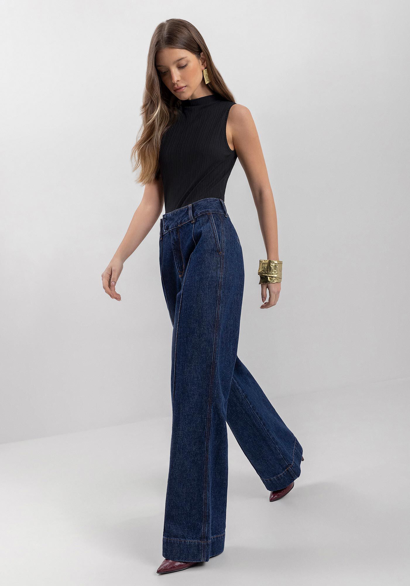 Cal&ccedil;a Jeans Wide Leg Com Cintura Alta E Nervura, , large.
