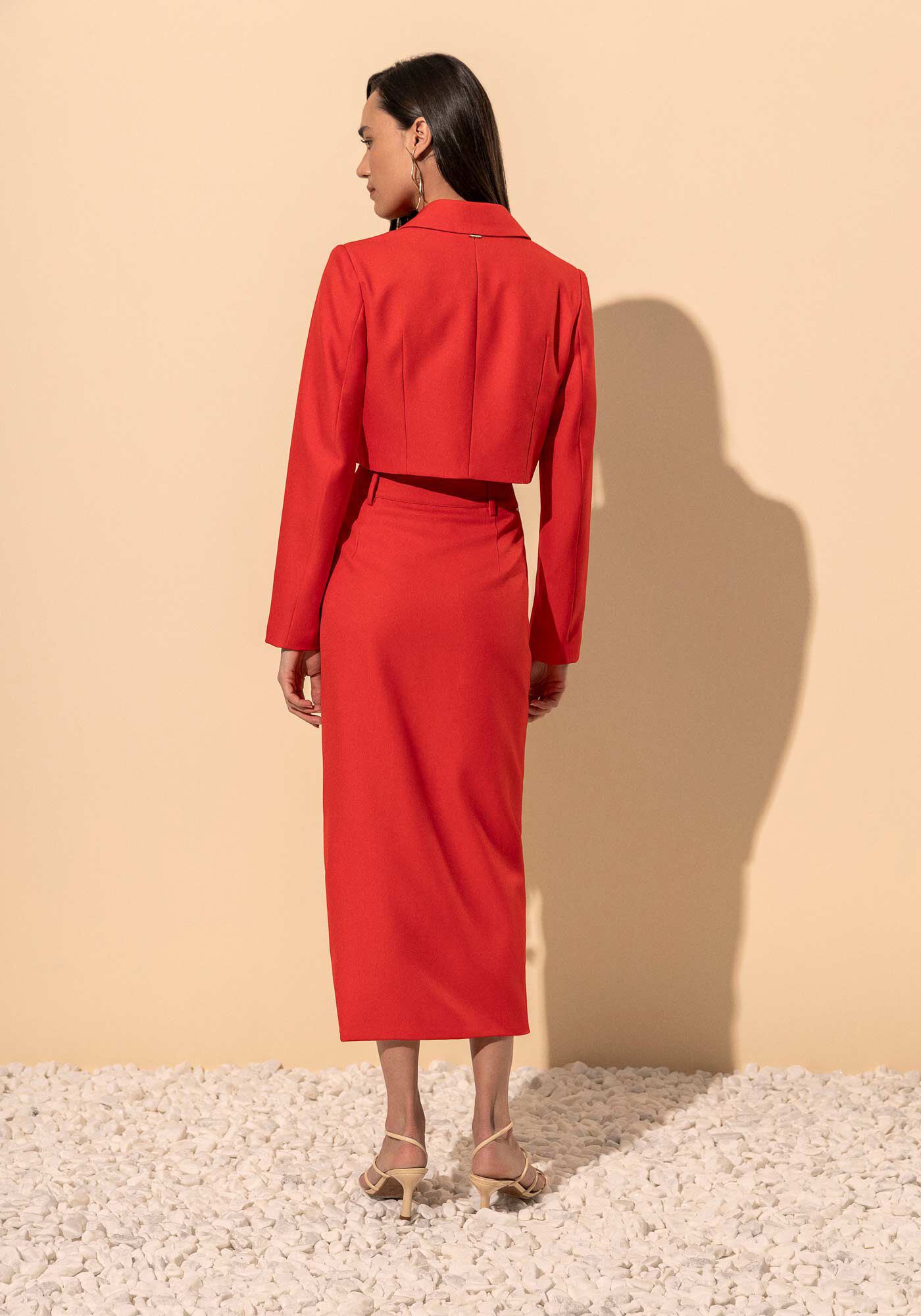 Blazer Cropped Com Lapelas E Bot&atilde;o Em Tecido Plano, VERMELHO CLAIR, large.