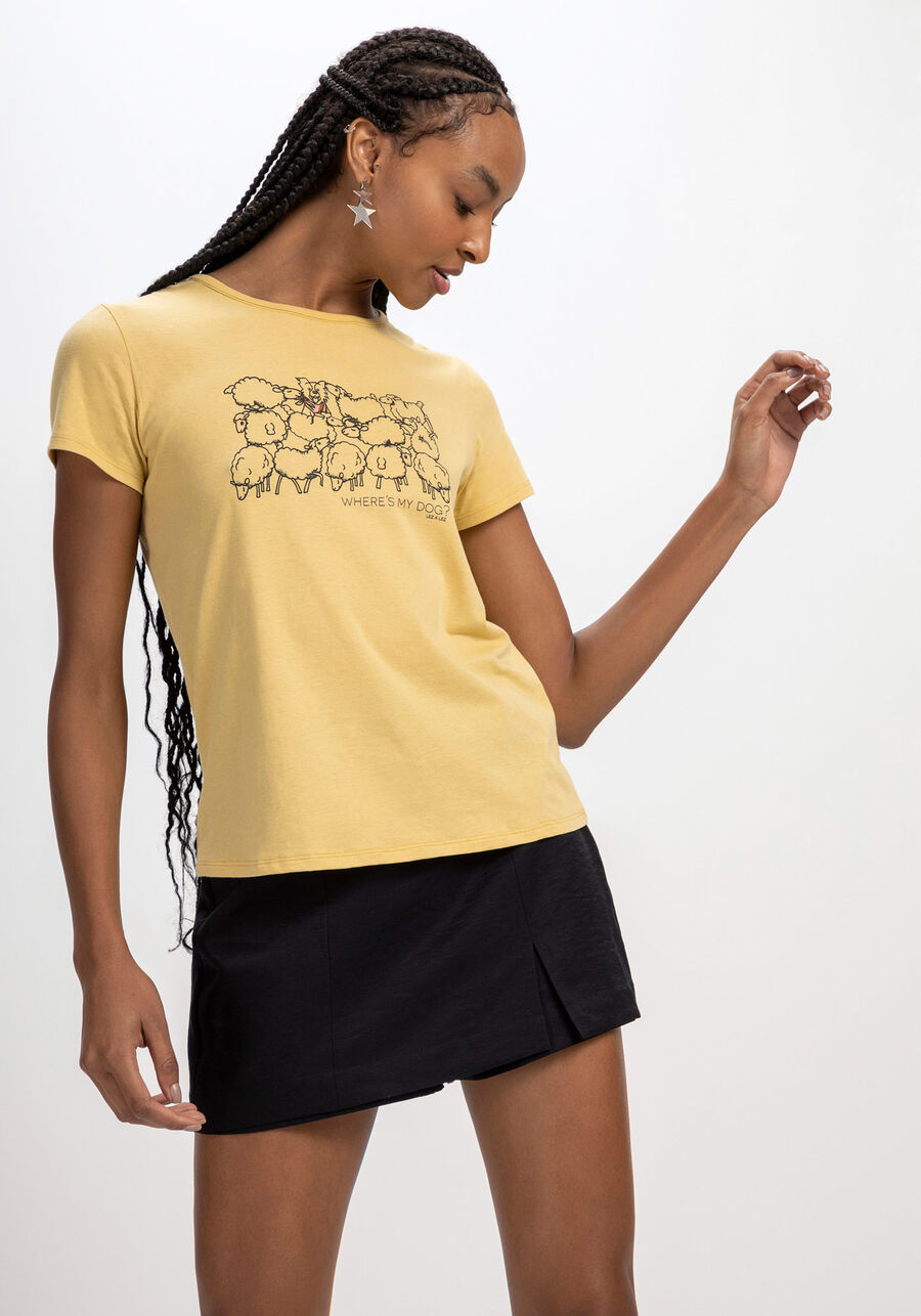 T-shirt em Malha com Estampa Ovelhas, AMARELO ANTIQUE MOSS, large.