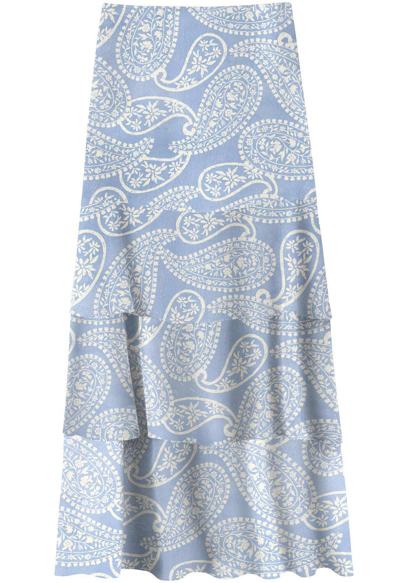 Saia Longa Estampada Com Babados E Cintura Alta, ORNAMENTOS AZUL, large.