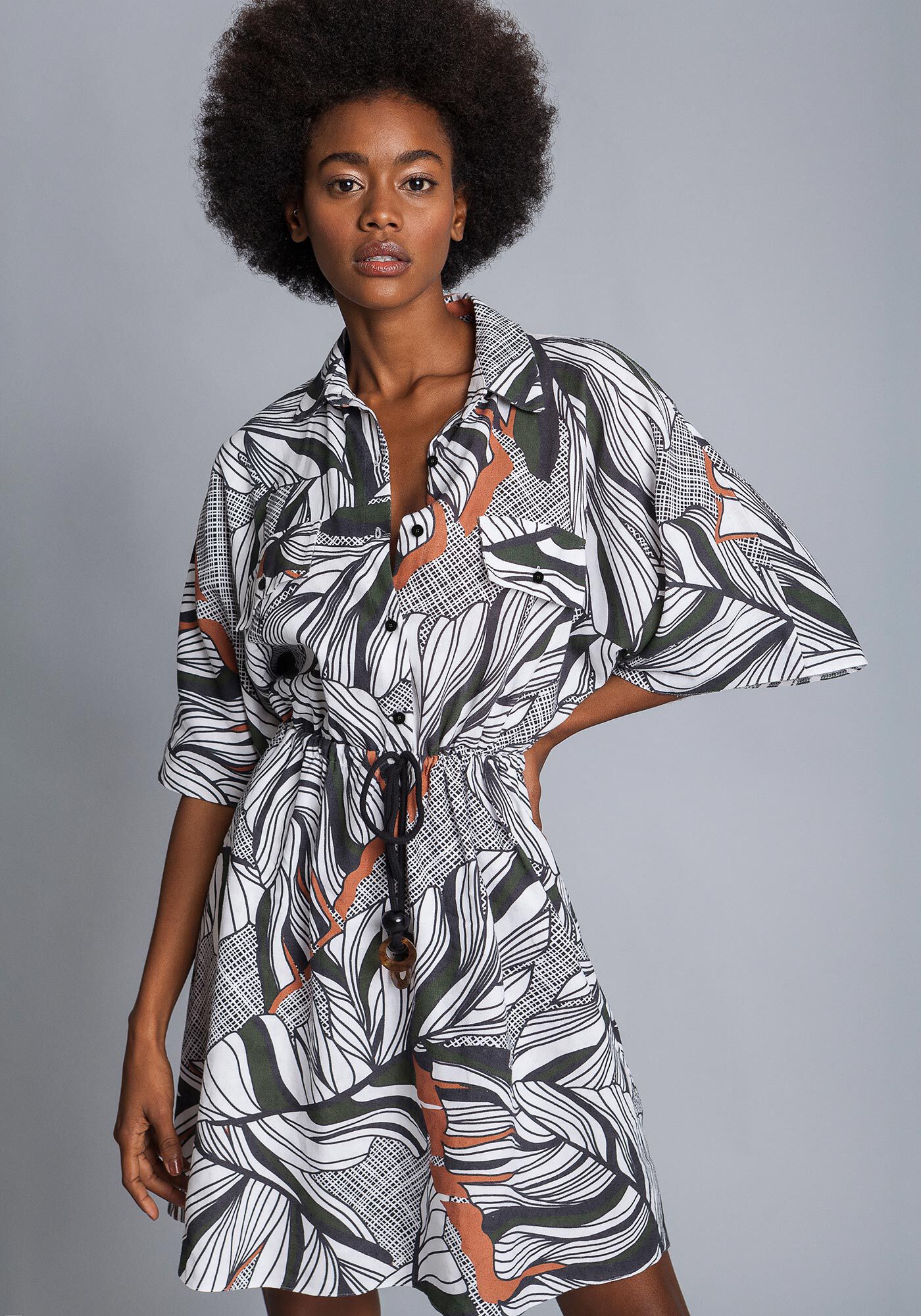 Vestido Bot&otilde;es Linho Estampa, , large.