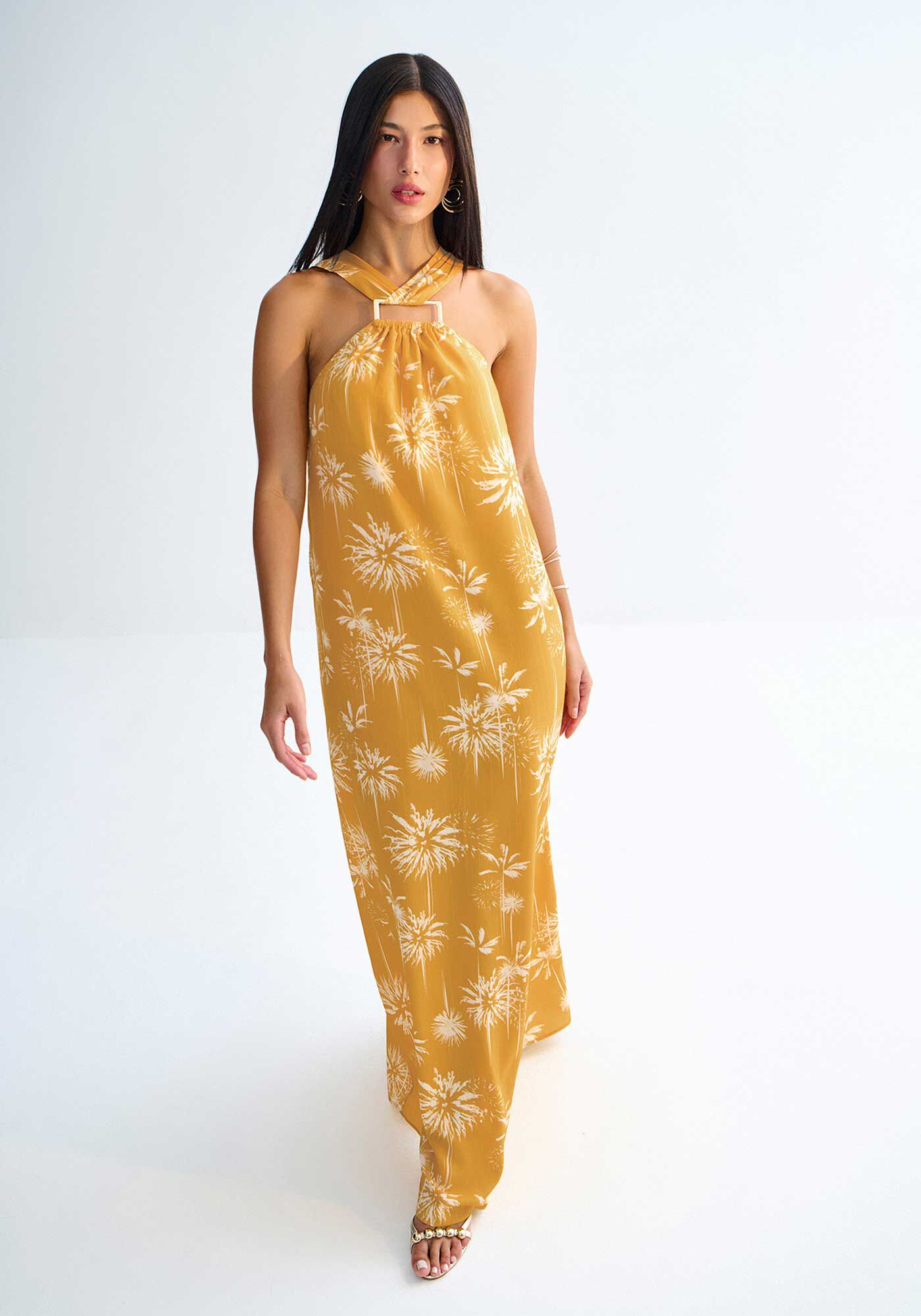 Vestido Longo Estampado em Viscose com Lurex, , large.