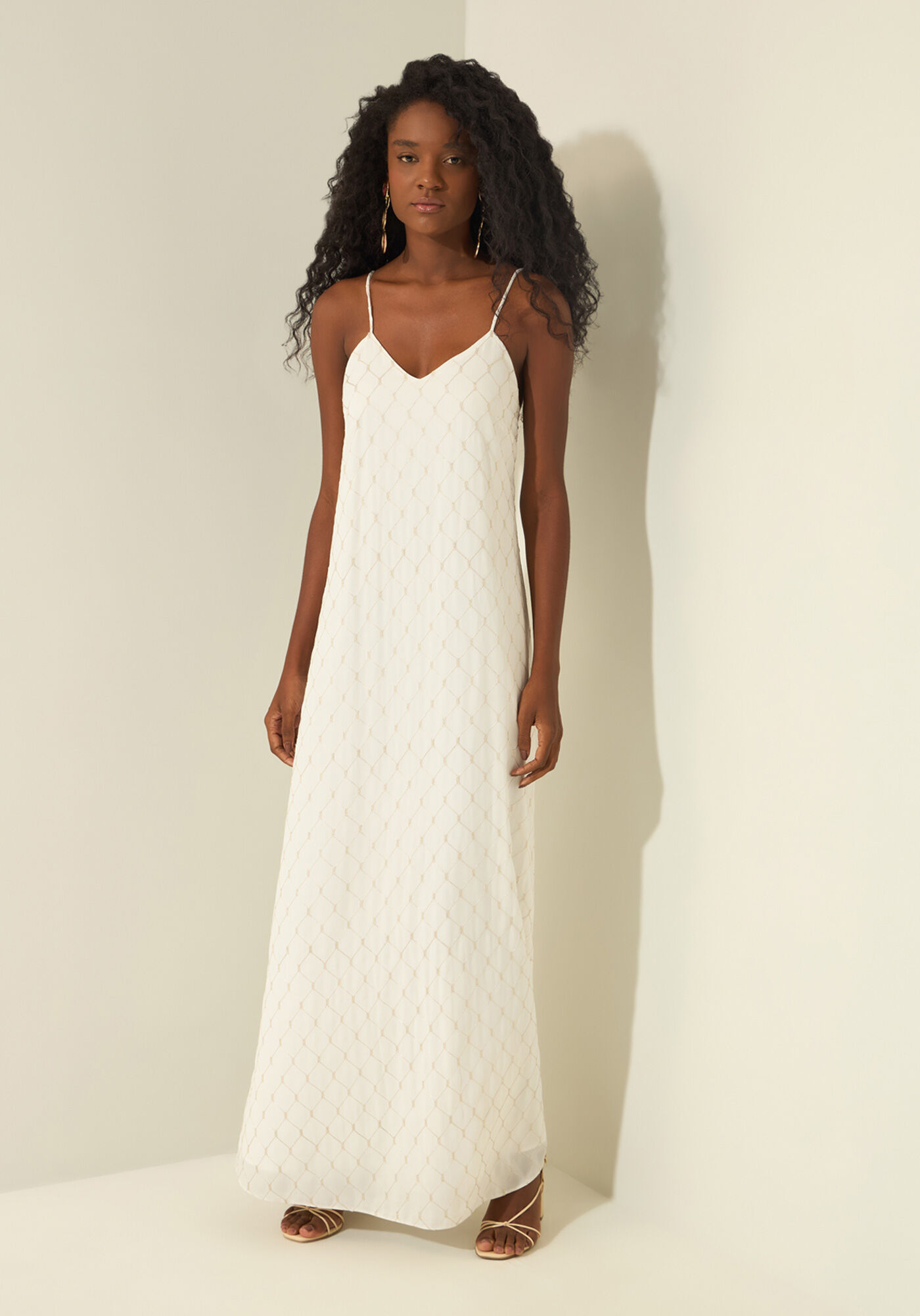 Vestido Longo De Al&ccedil;as Com Decote Em V, BRANCO OFF WHITE, large.