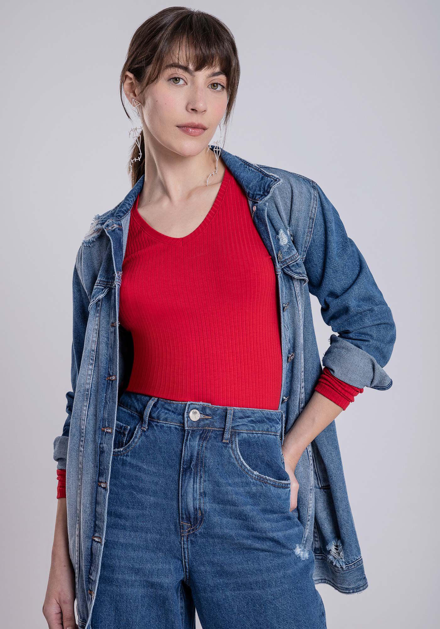 Blusa Manga Longa em Malha Decote V, , large.