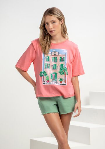 T-shirt Estampada em Malha com Recorte Ombros, ROSA PUMPKIN, large.