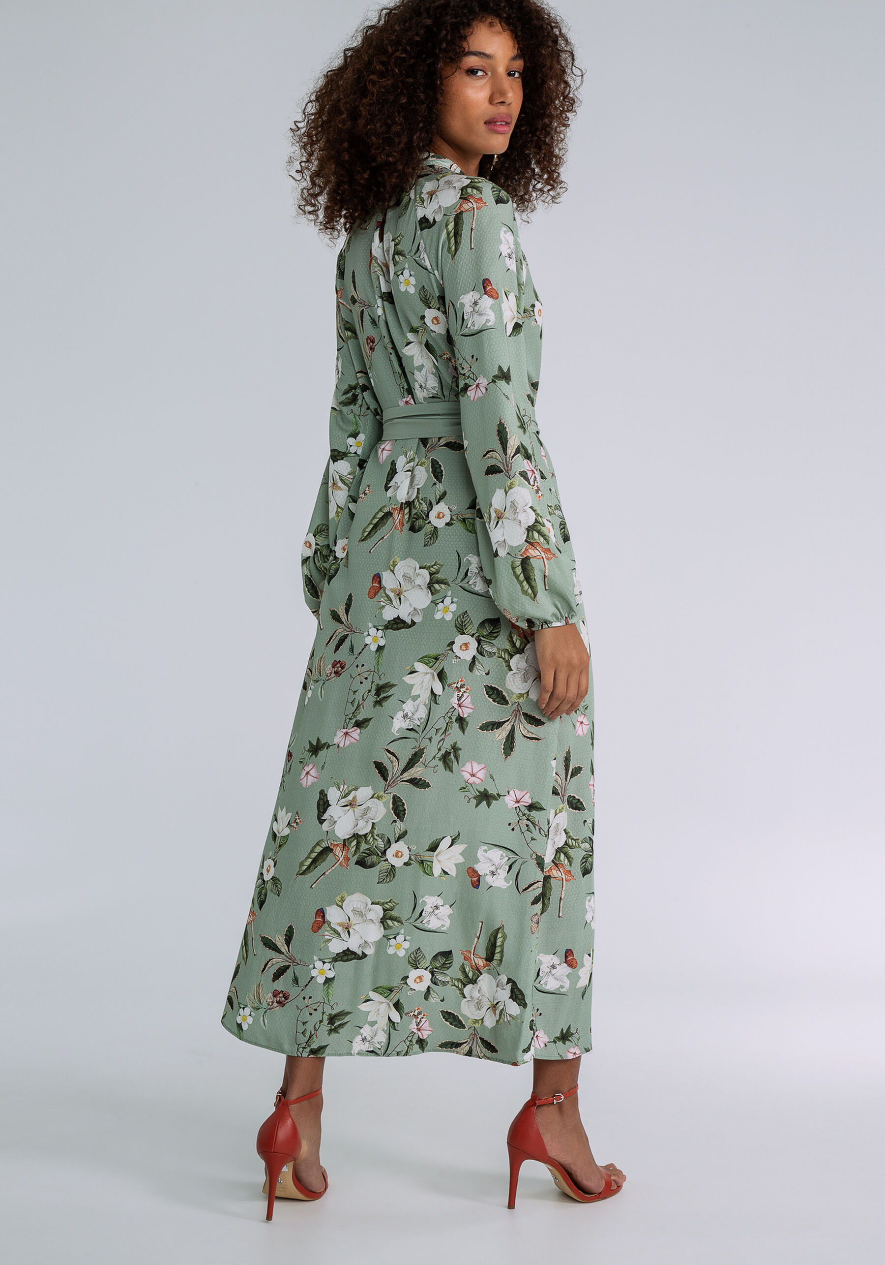 Vestido Manga Longa Mídi com Faixa, FLORAL. Vestido Manga Longa Mídi com Faixa, FLORAL, large.