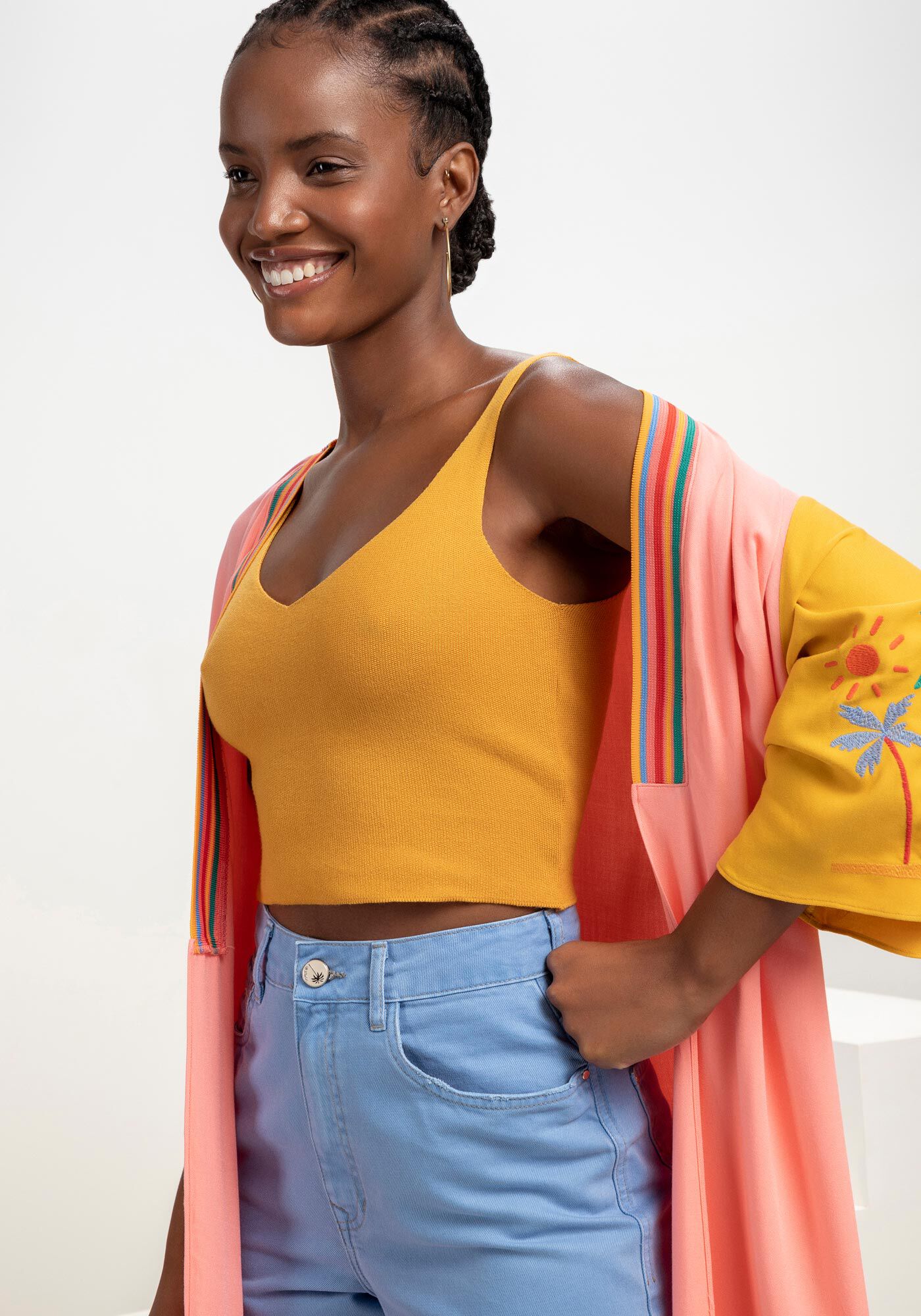 Blusa com Al&ccedil;as Decote V Tric&ocirc;, AMARELO ANGUS, large.