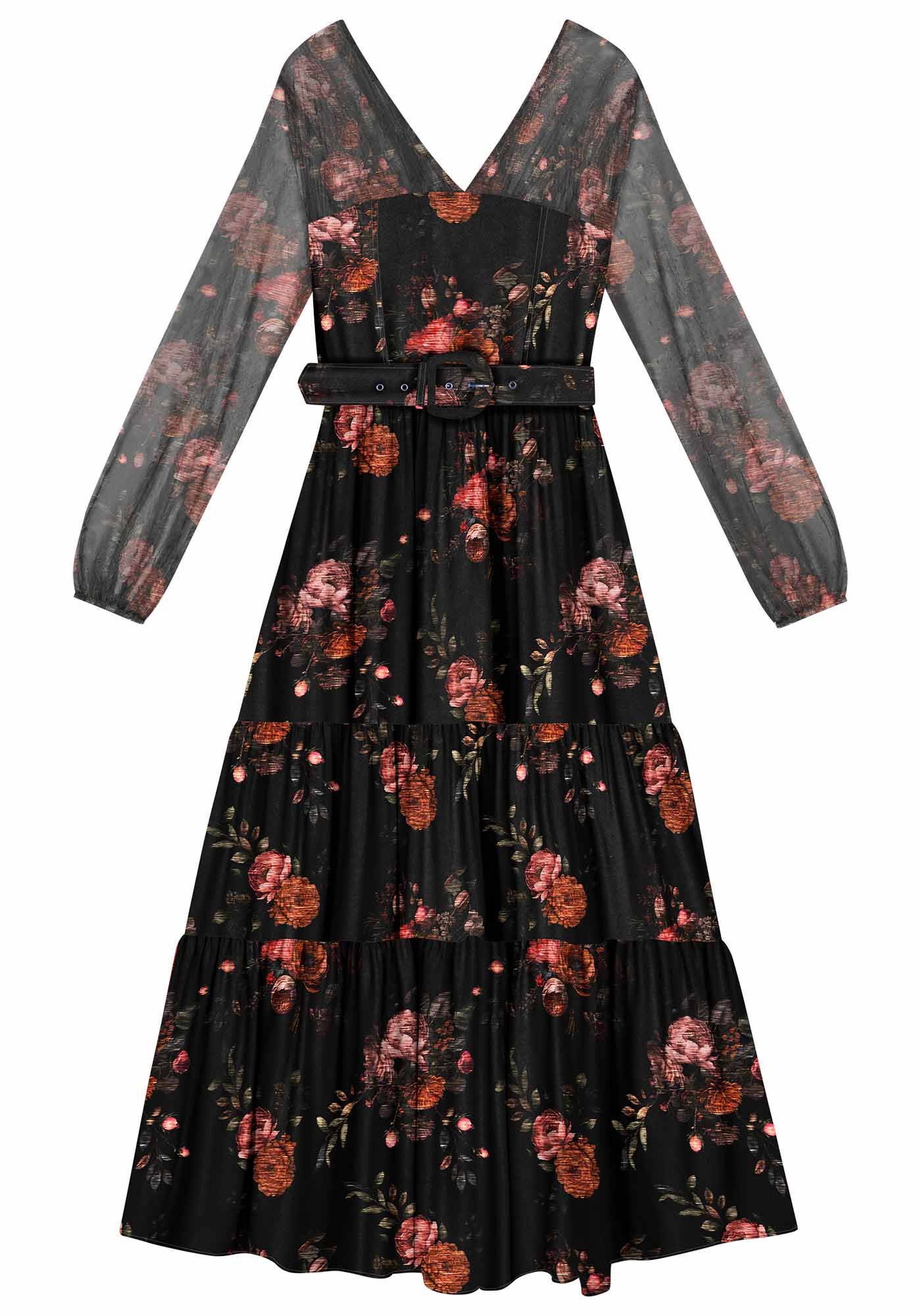 Vestido Midi com Manga em Tule e Cinto, , large.