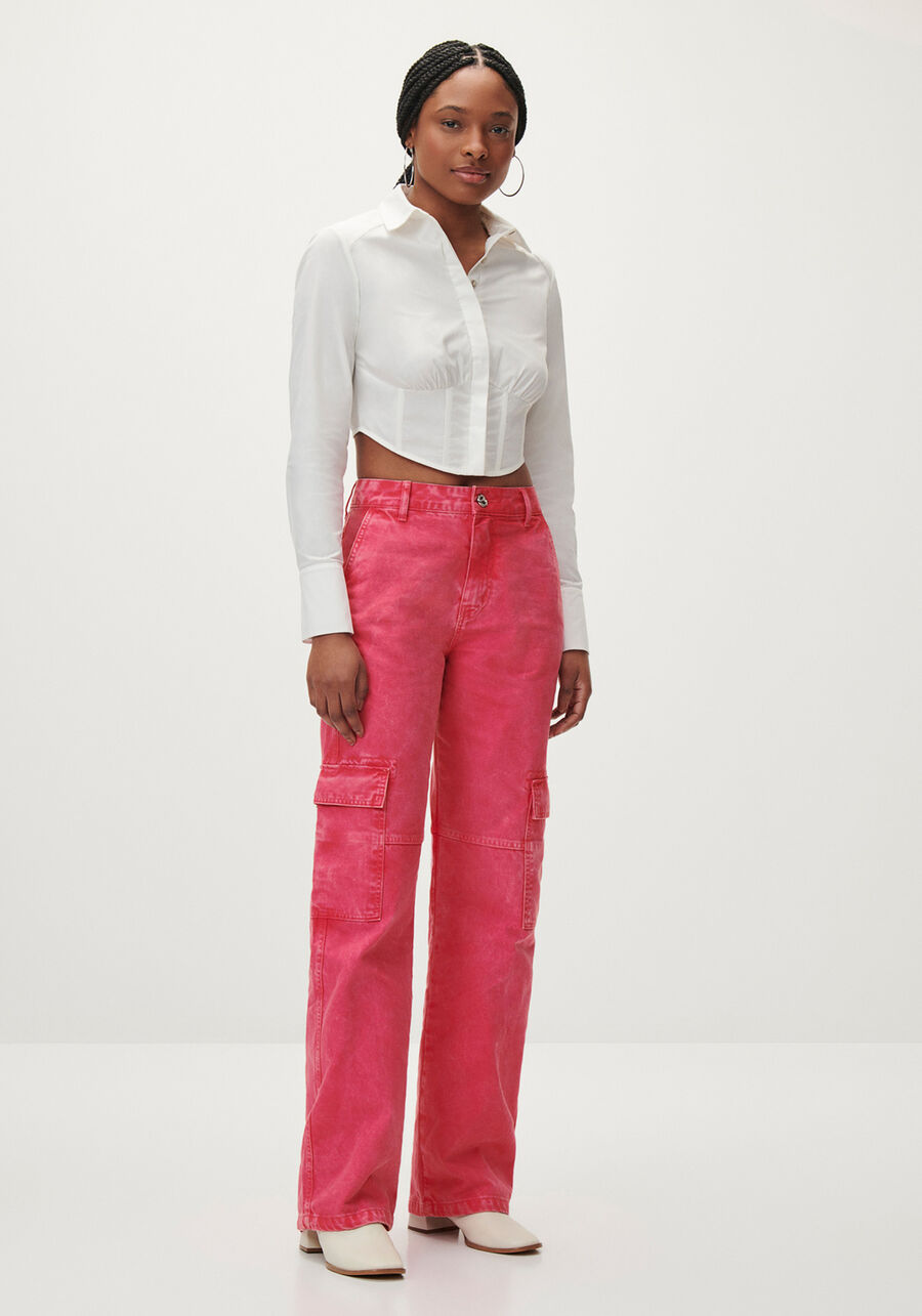 Calça Sarja Reta Cargo com Amarração Barra, . Calça Sarja Reta Cargo com Amarração Barra, , large.