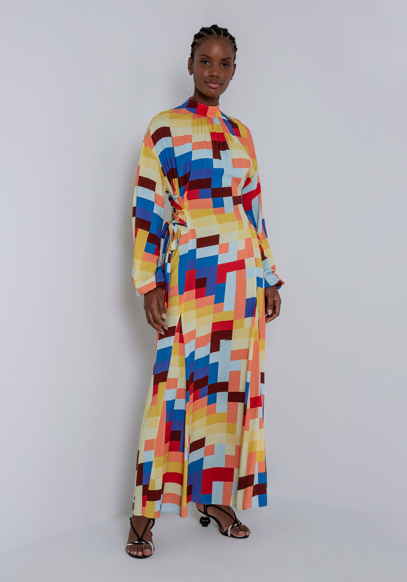 Vestido Midi Ch&aacute; com Tiras e Amarra&ccedil;&atilde;o, , large.