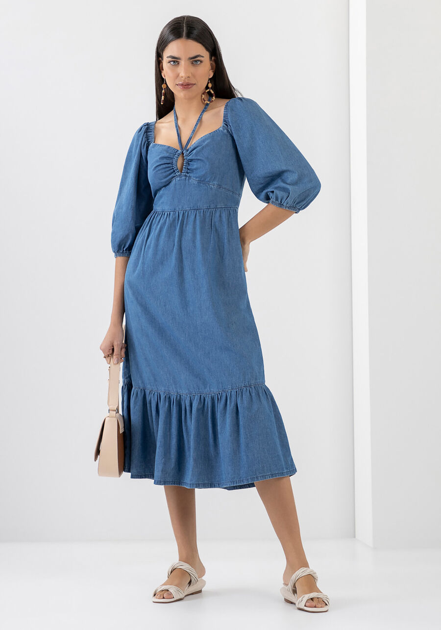 Vestido Jeans Midi Manga Bufante com Amarração, JEANS. Vestido Jeans Midi Manga Bufante com Amarração, JEANS, large.
