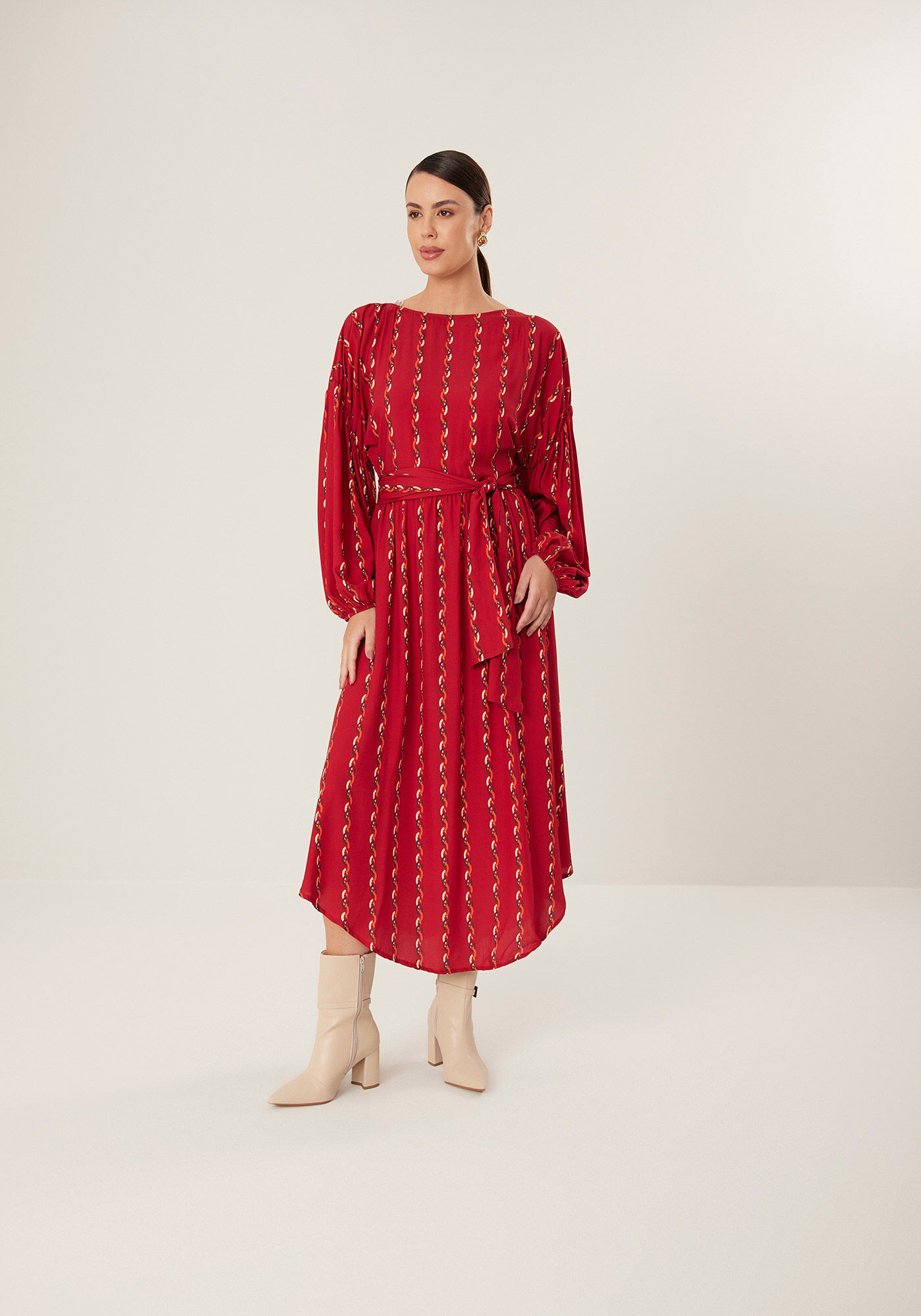 Vestido Midi Ch&aacute; Estampado De Mangas Amplas Com Faixa, , large.