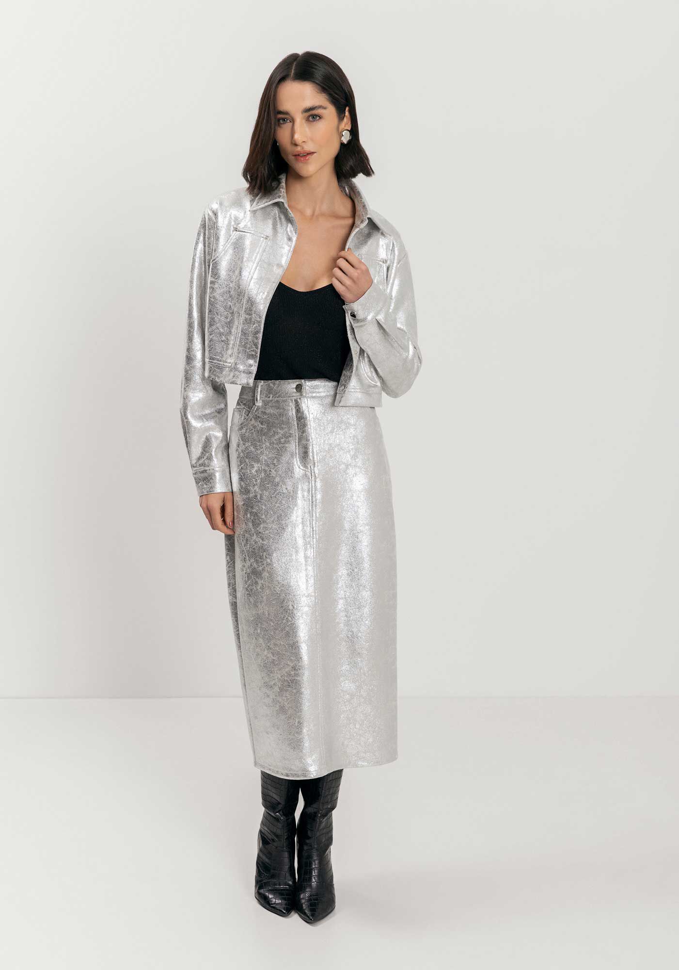 Saia Ch&aacute; Com Cintura M&eacute;dia Em Suede Metalizado, , large.