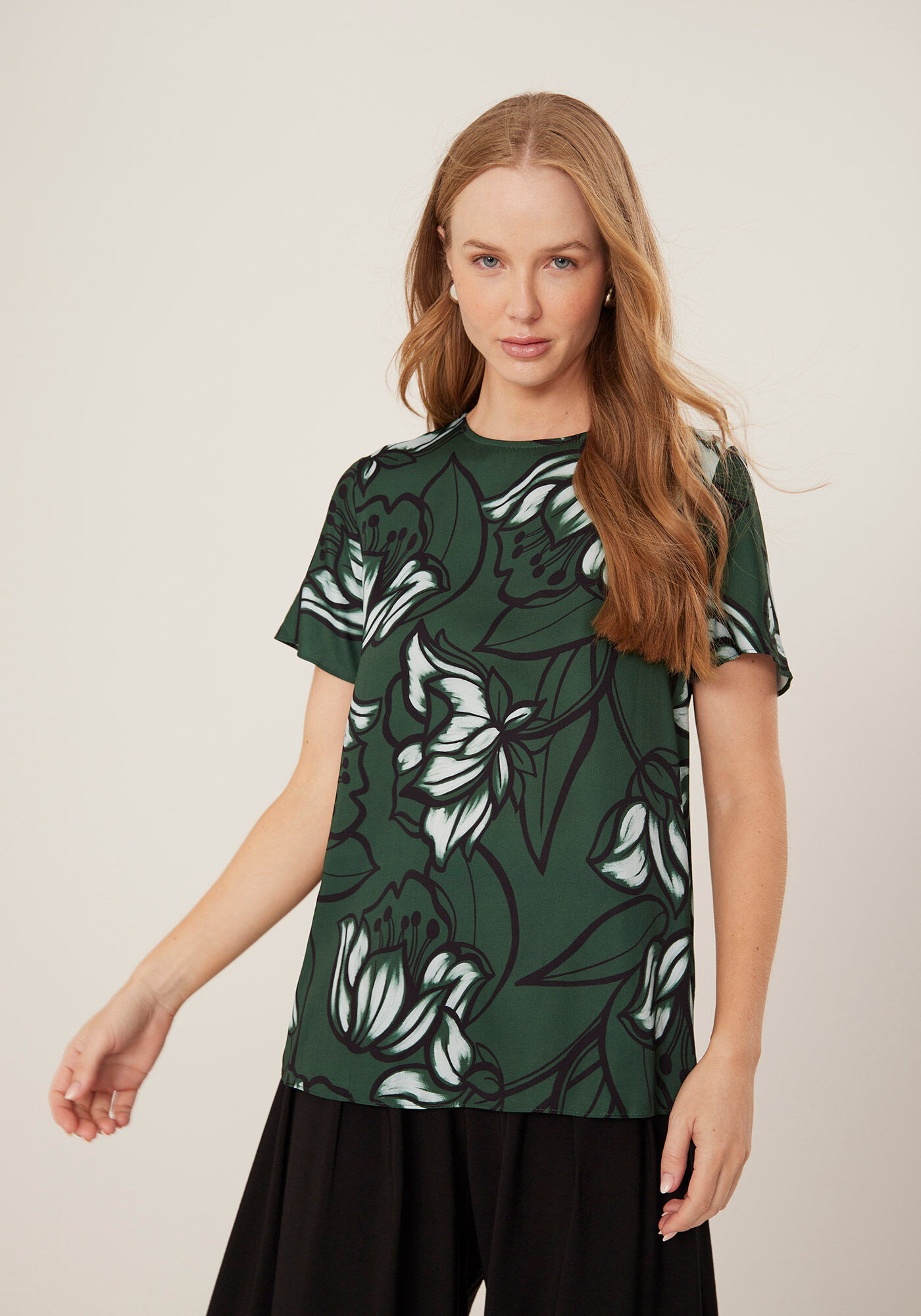 Blusa De Mangas Curtas Estampada Com Gola Redonda, BELL FLOWERS VERDE, large.