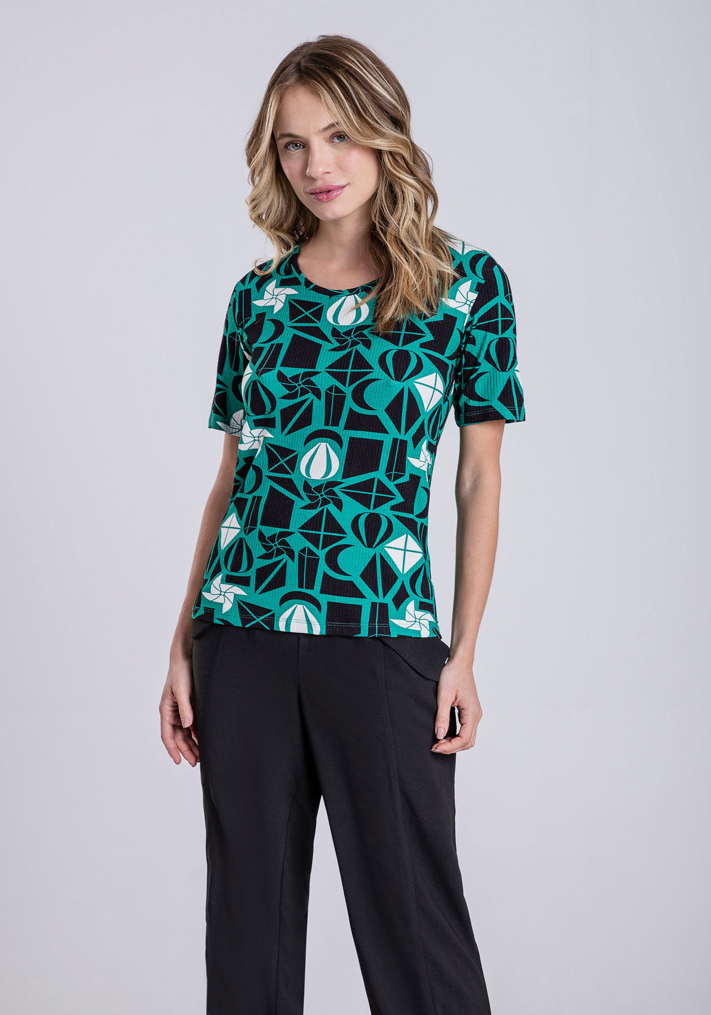 Blusa Manga Curta em Malha Canelada Estampada, , large.