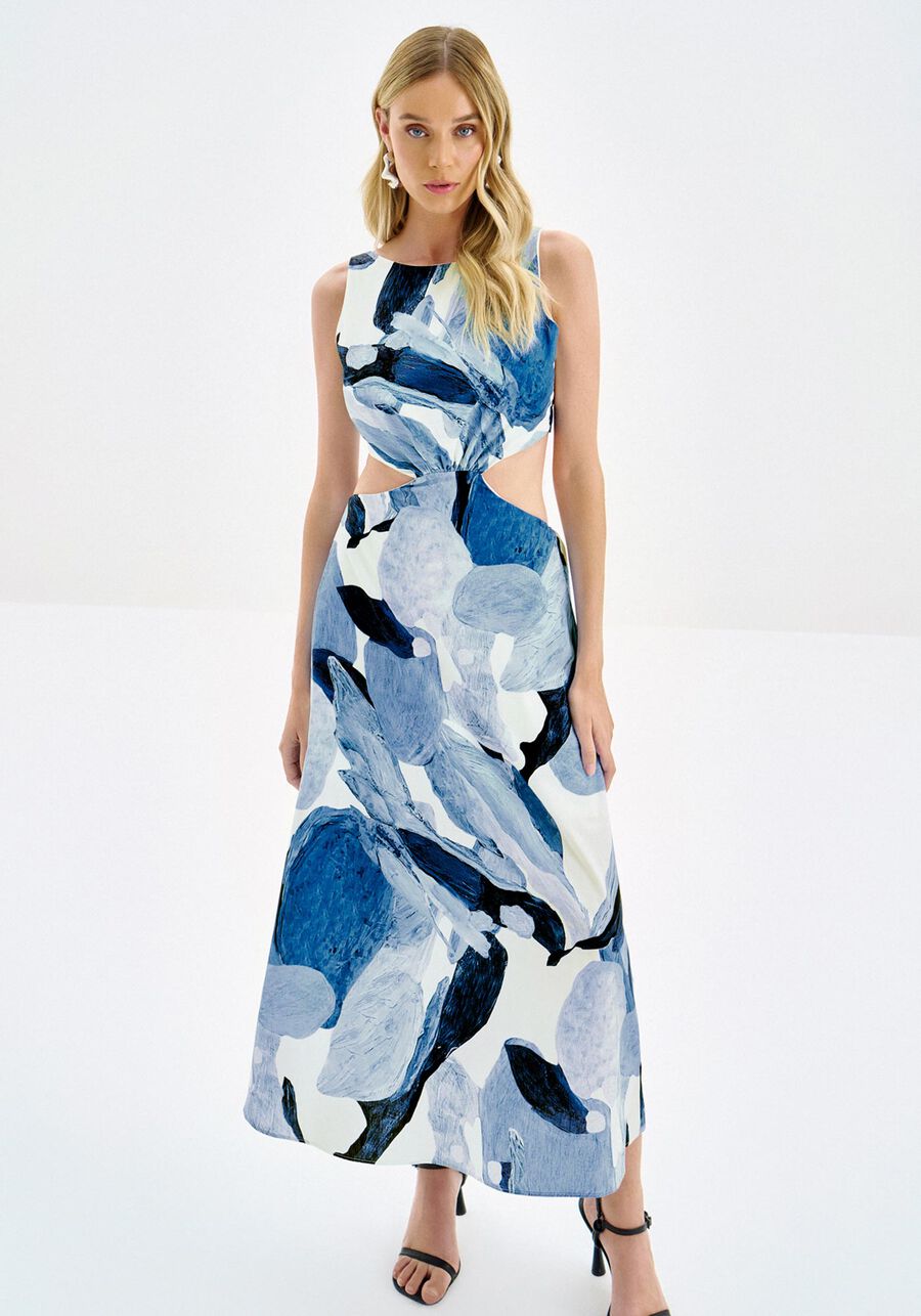 Vestido Midi Chá em Tricoline Estampado com Cut, FRESH. Vestido Midi Chá em Tricoline Estampado com Cut, FRESH, large.