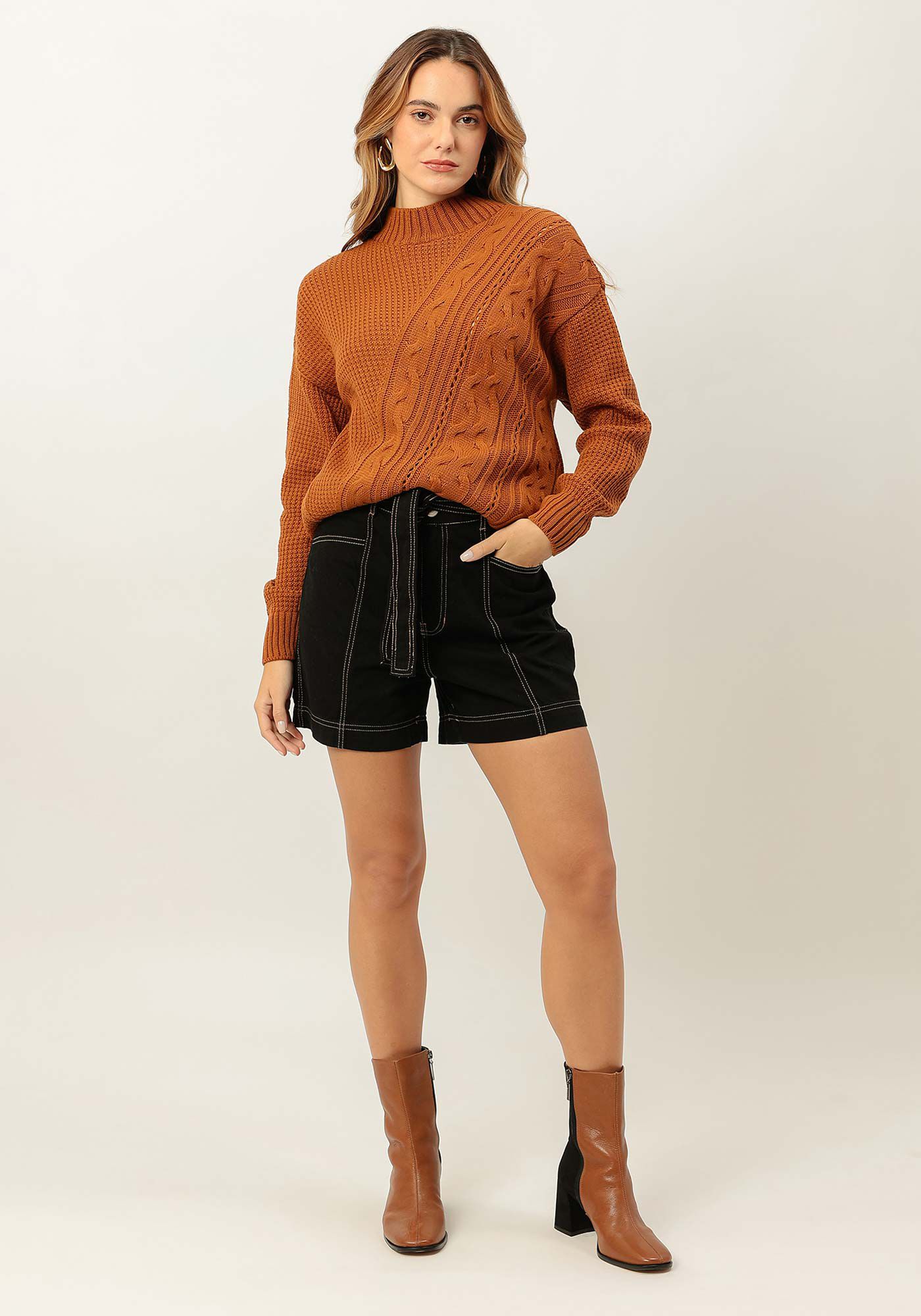 Shorts Sarja Mom Cintura Alta com Cinto, , large.