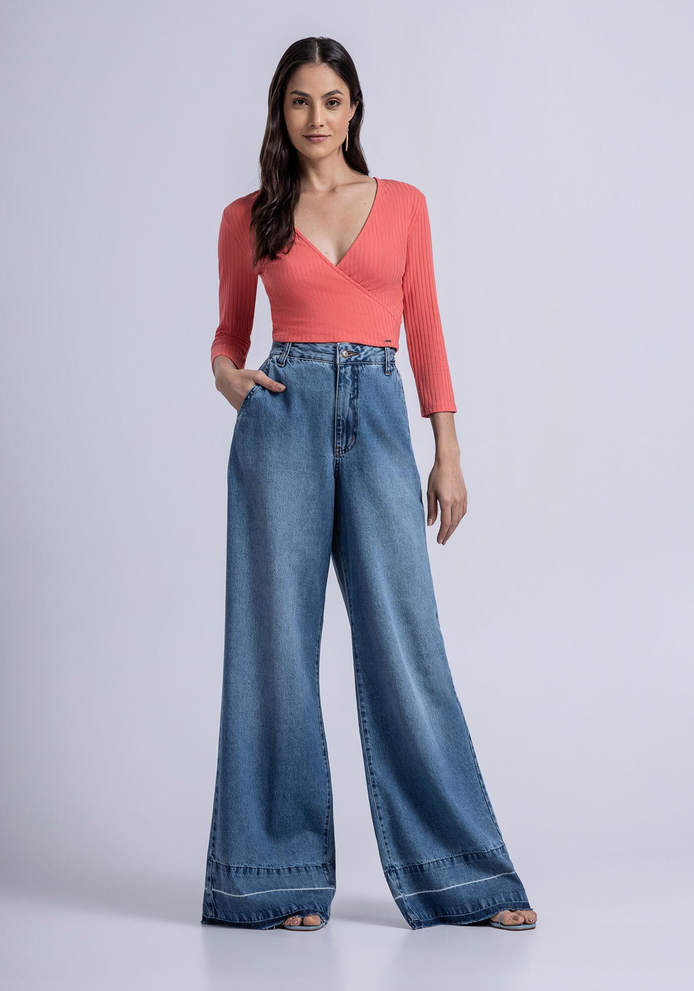 Blusa Manga 3/4 Canelada com Transpasse, , large.