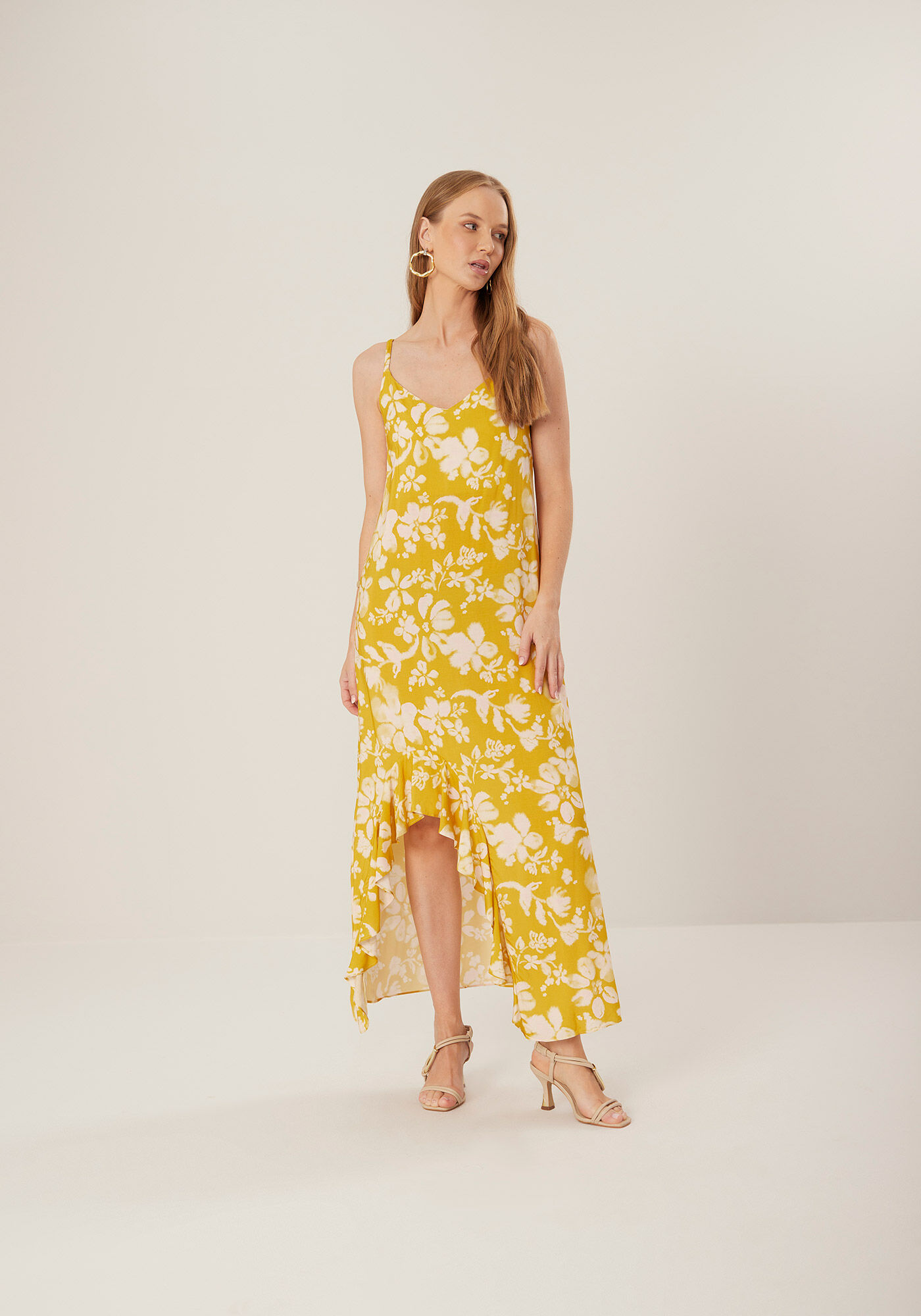 Vestido Estampado Midi Ch&aacute; Com Al&ccedil;as Finas E Babados, , large.