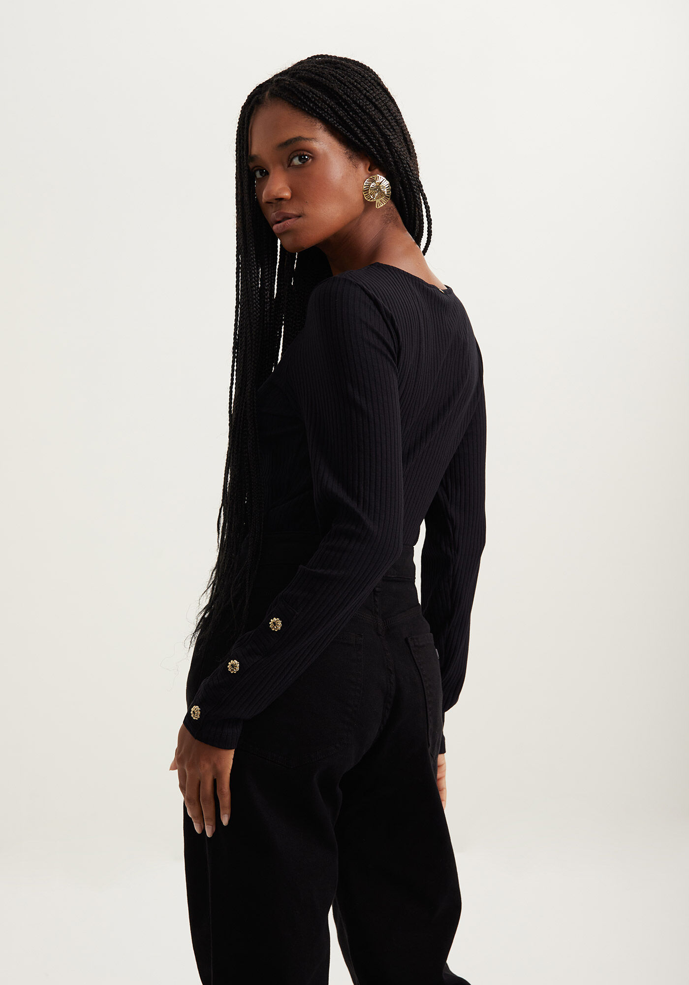 Body Justo Canelado Com Mangas Longas E Bot&otilde;es, PRETO, large.