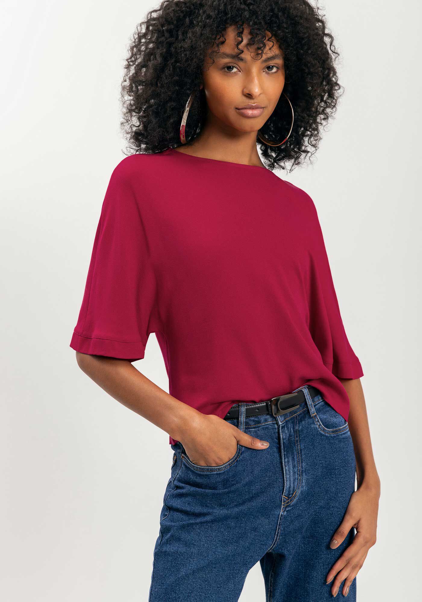 Blusa De Mangas M&eacute;dias Lisa Em Crepe De Viscose, VERMELHO PASSION, large.