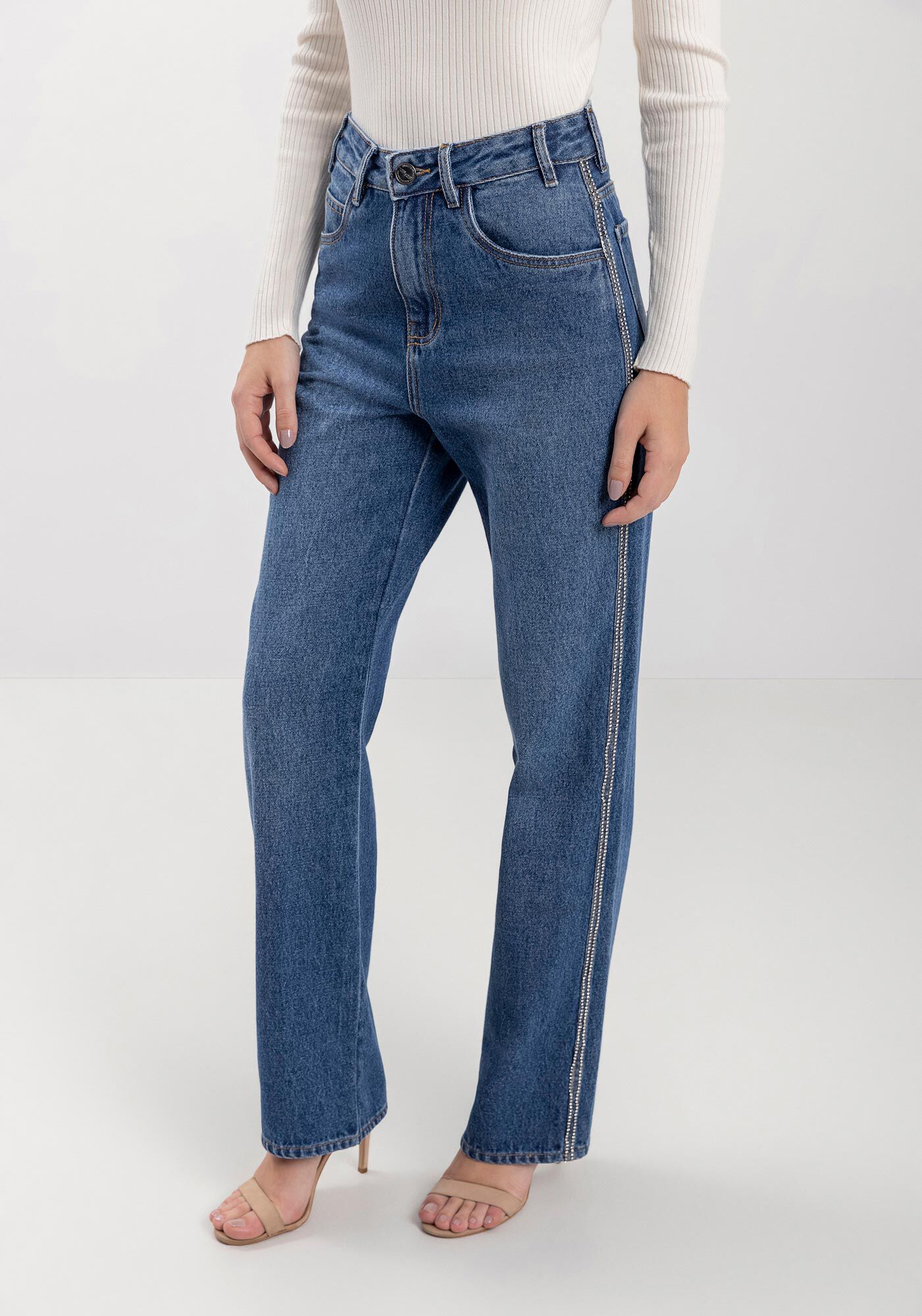 Cal&ccedil;a Jeans Reta Com Cintura Alta E Corrente De Strass, , large.