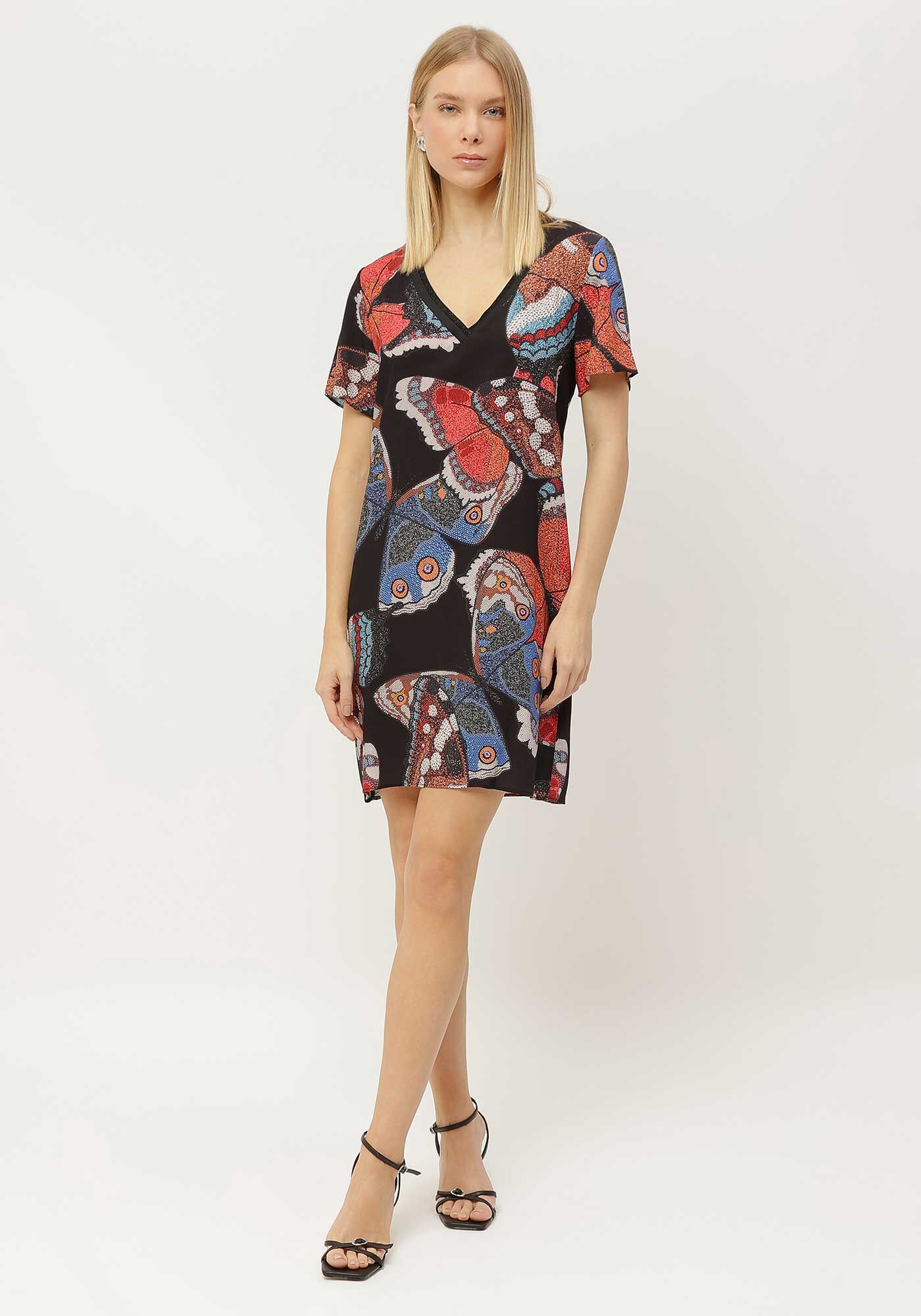 Vestido Curto Estampado com Decote V Retil&iacute;nea, , large.