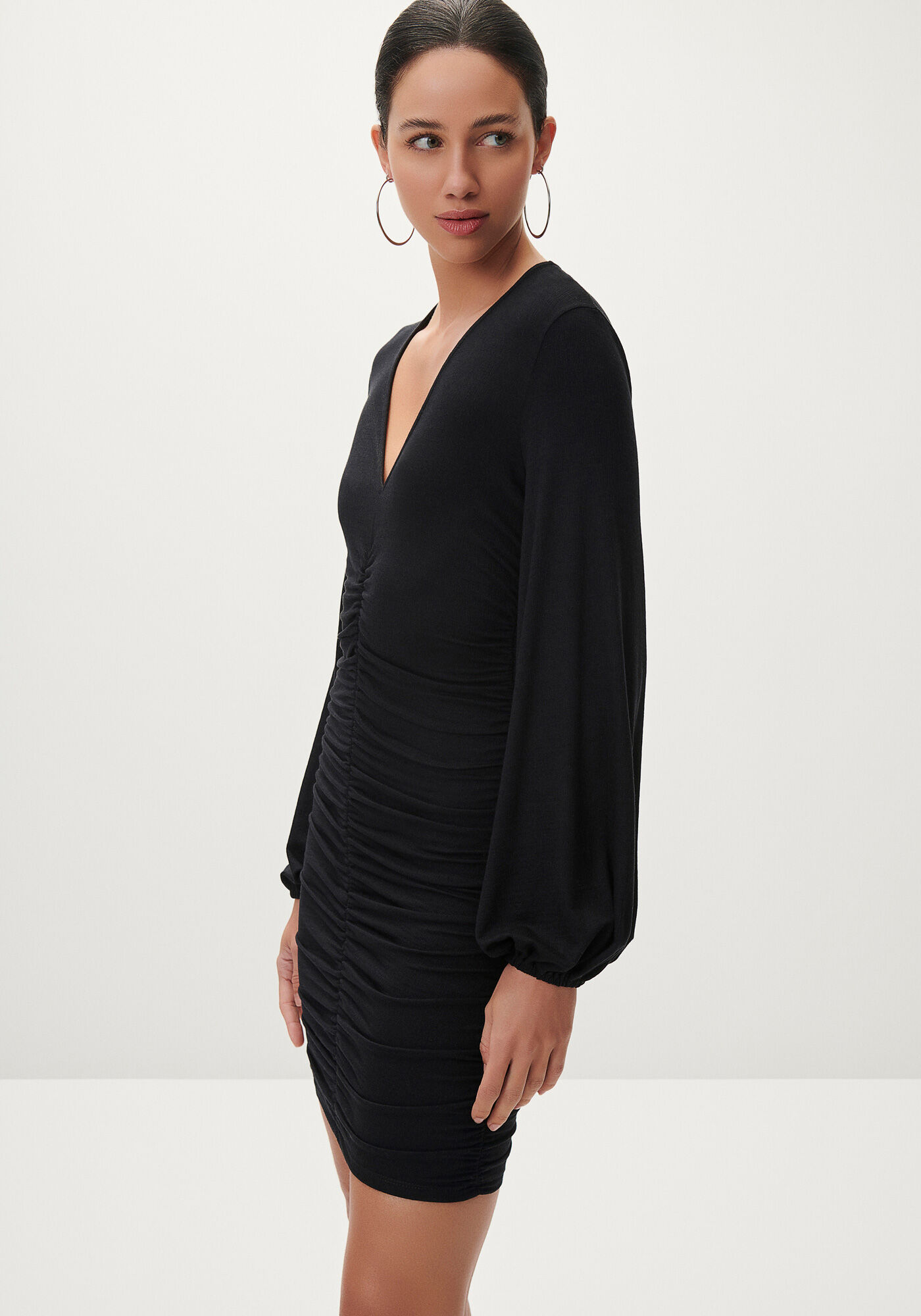 Vestido Curto Franzido com Manga Longa Bufante, , large.